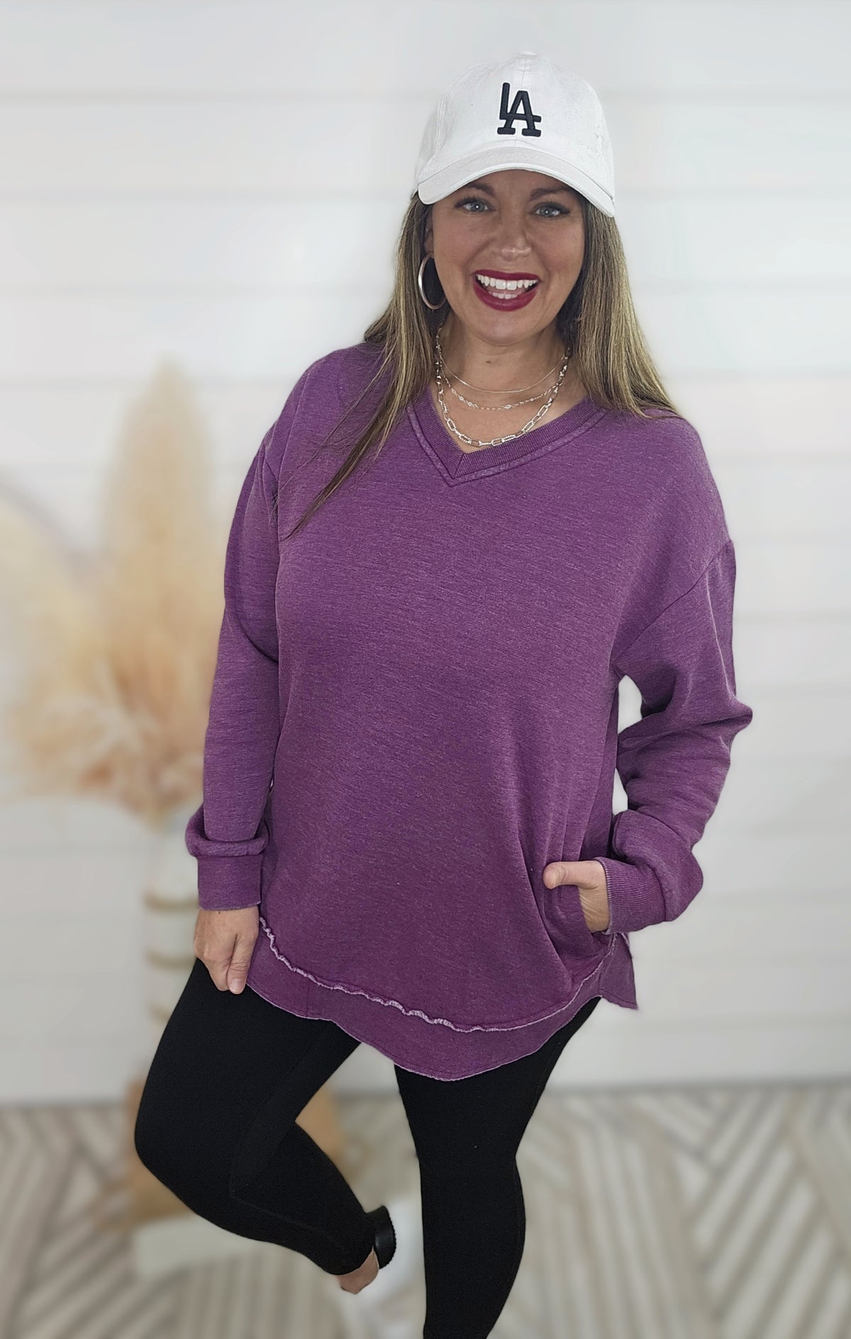 PURPLE NEW BESTIE V NECK CURVED HEM TUNIC