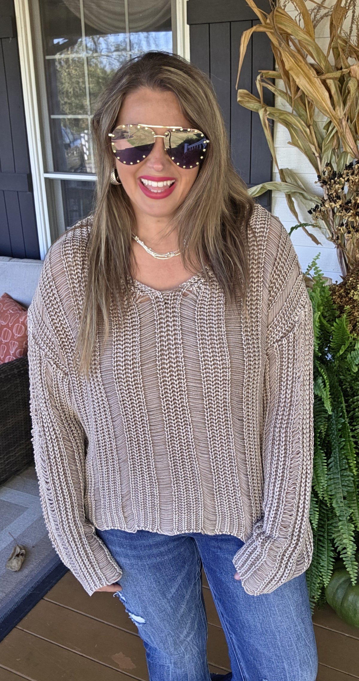 MOCHA MINERAL WASH LOOSE KNIT PULLOVER SWEATER