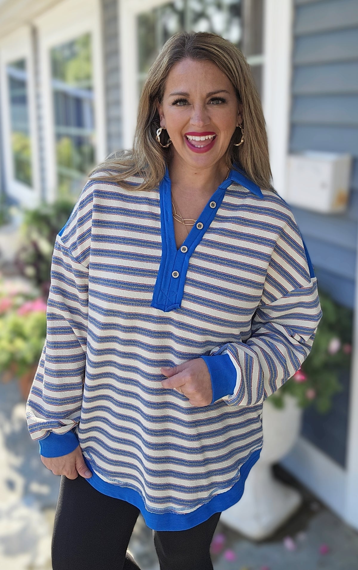 BLUE STRIPED V NECK COLLARED TOP