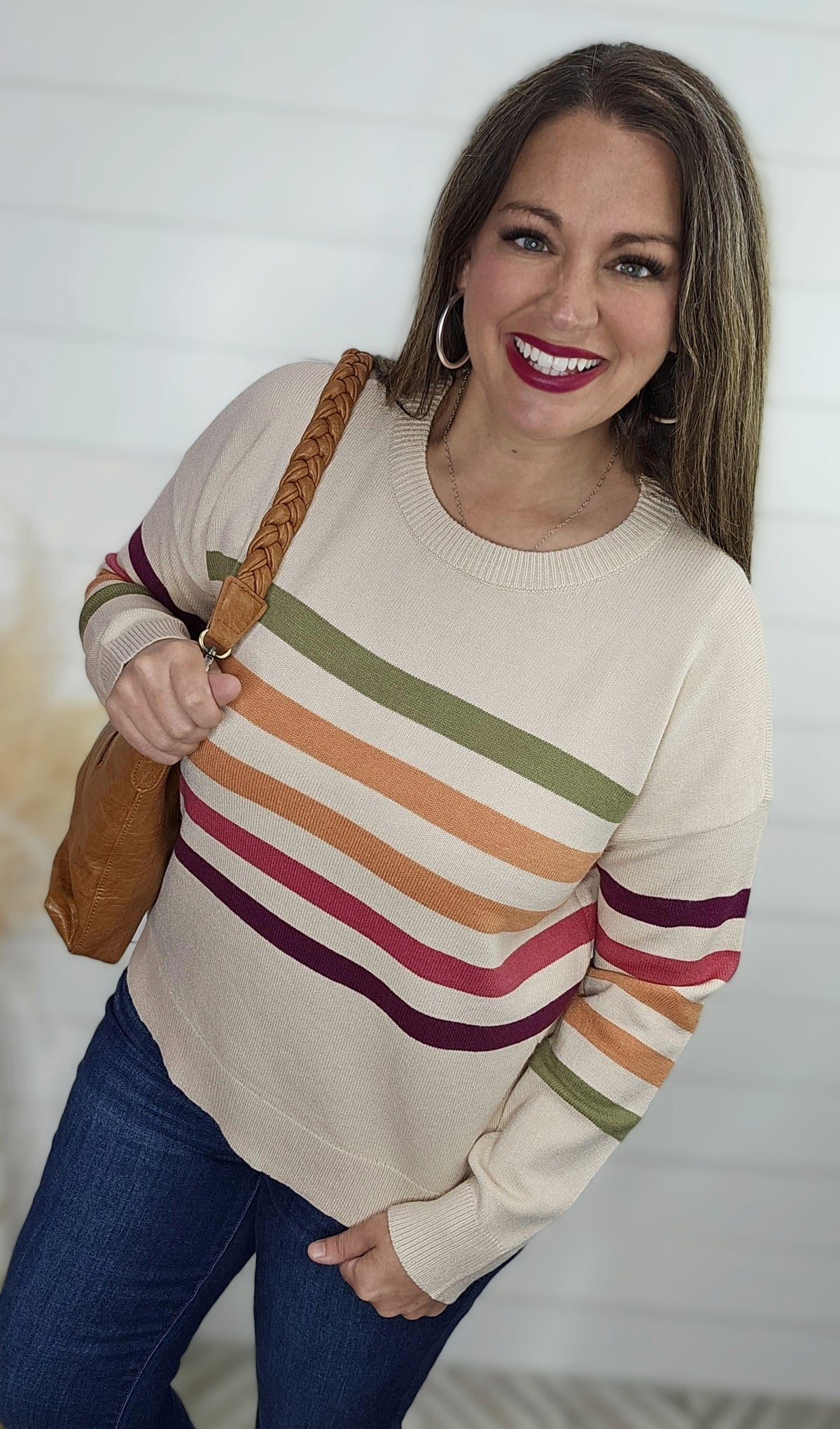 OATMEAL MULTI STRIPE SOFT PULLOVER SWEATER