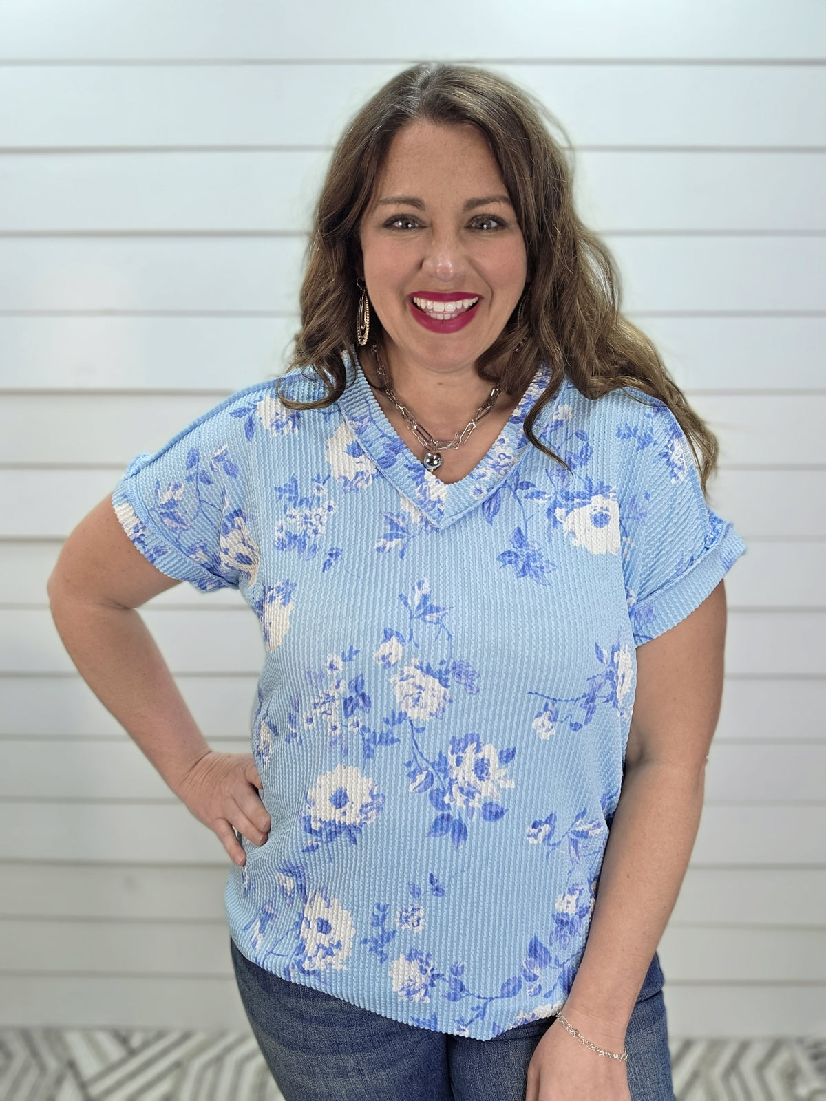 SKY BLUE RAISED RIBBED FLORAL V NECK KNIT TOP