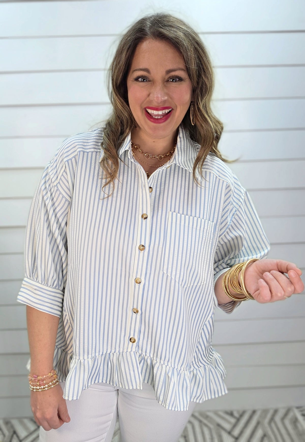 LIGHT BLUE STRIPED BUTTON DOWN RUFFLE TOP