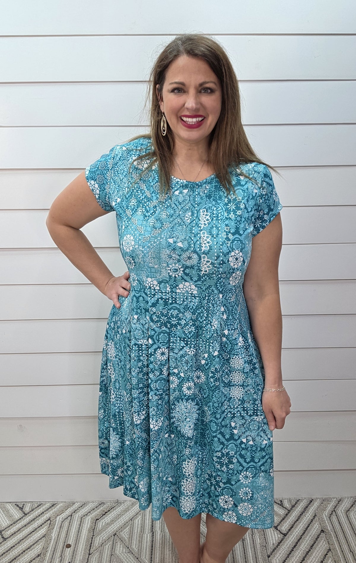 TEAL/WHITE FLORAL PLEATED SKIRT DRESS