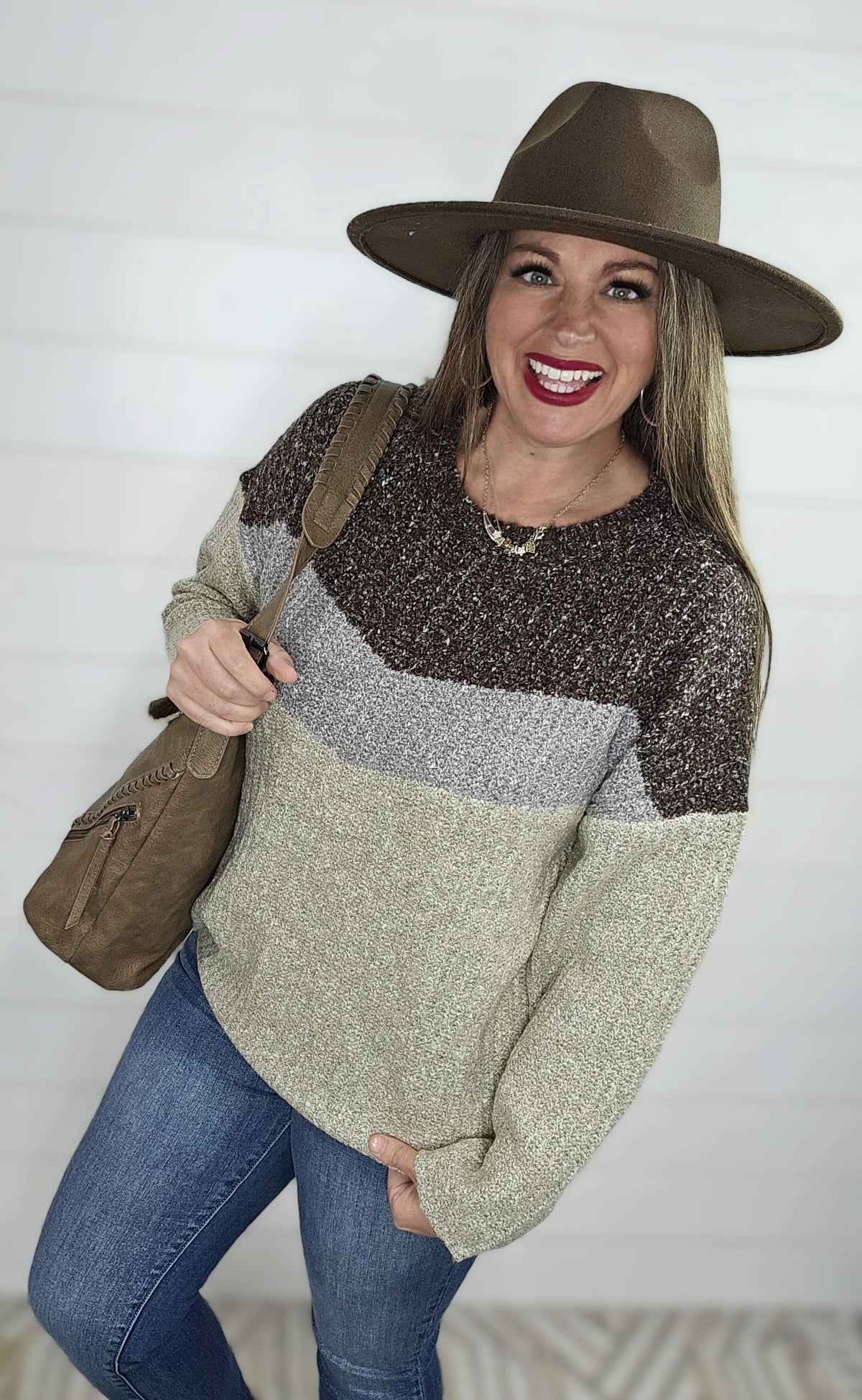 TAUPE/GREY/BROWN COLORBLOCK KNIT SWEATER