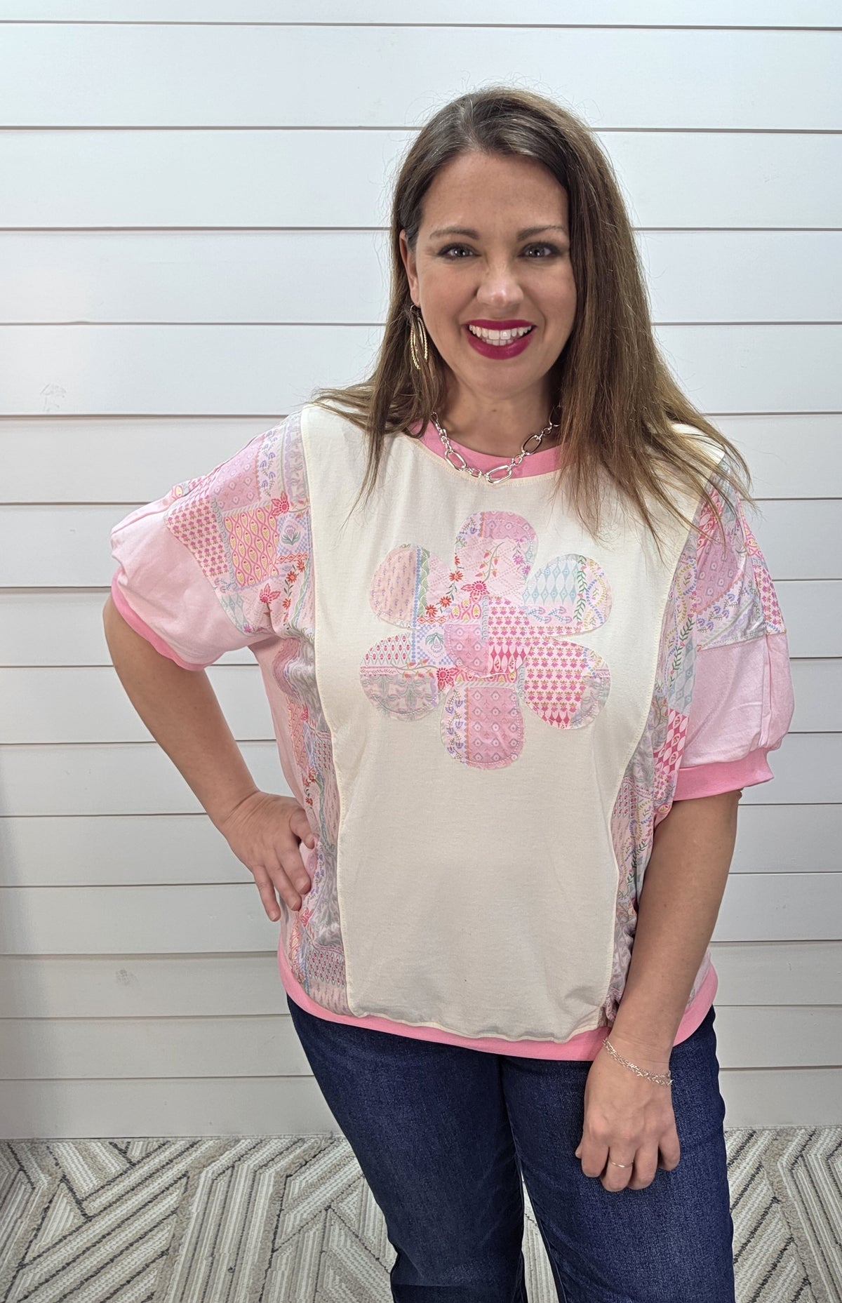 BEIGE/PINK BIG FLORAL PATCHWORK KNIT TOP