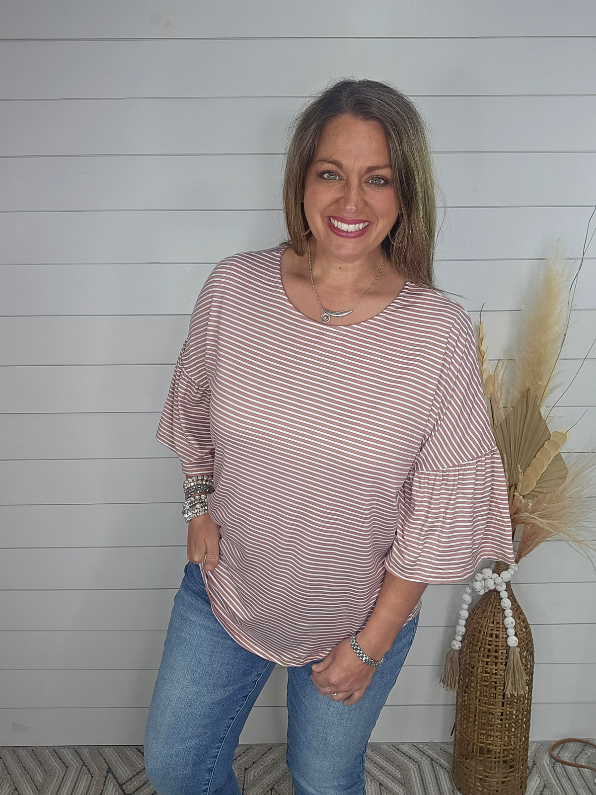 MAUVE STRIPED DROP SHOULDER KNIT TOP