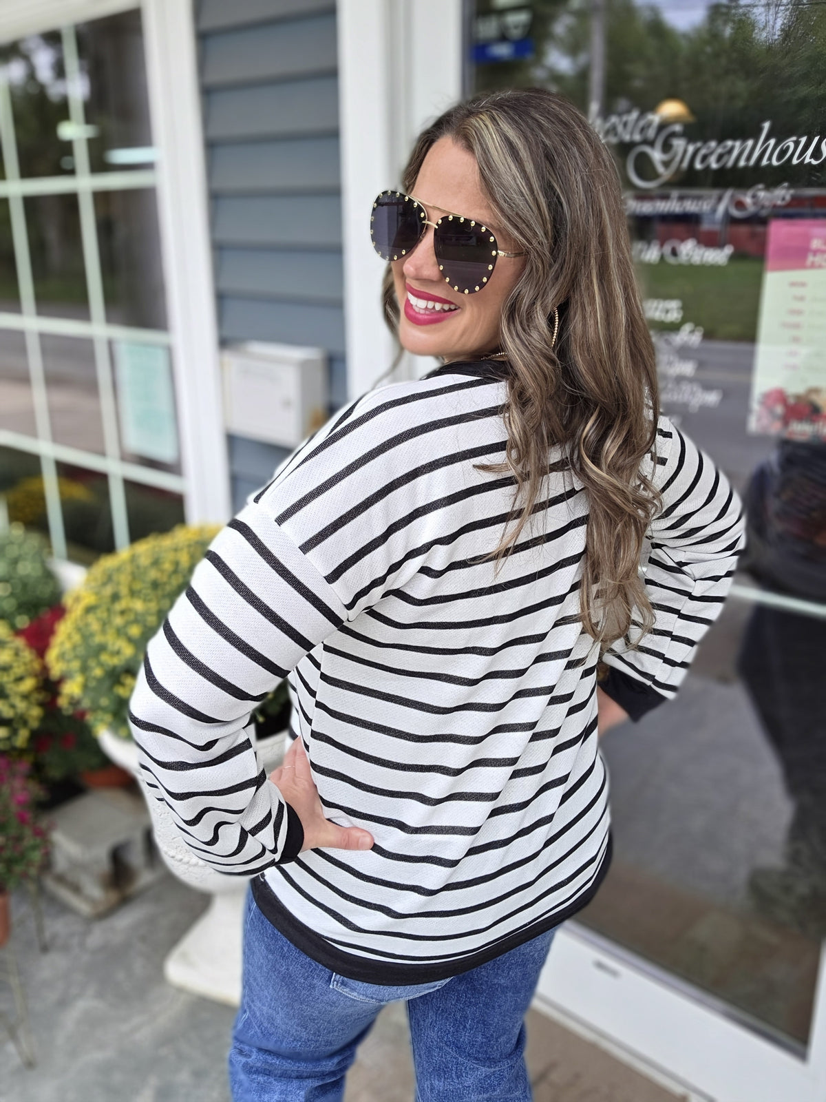 OFF WHITE/BLACK STRIPED FRENCH TERRY KNIT TOP