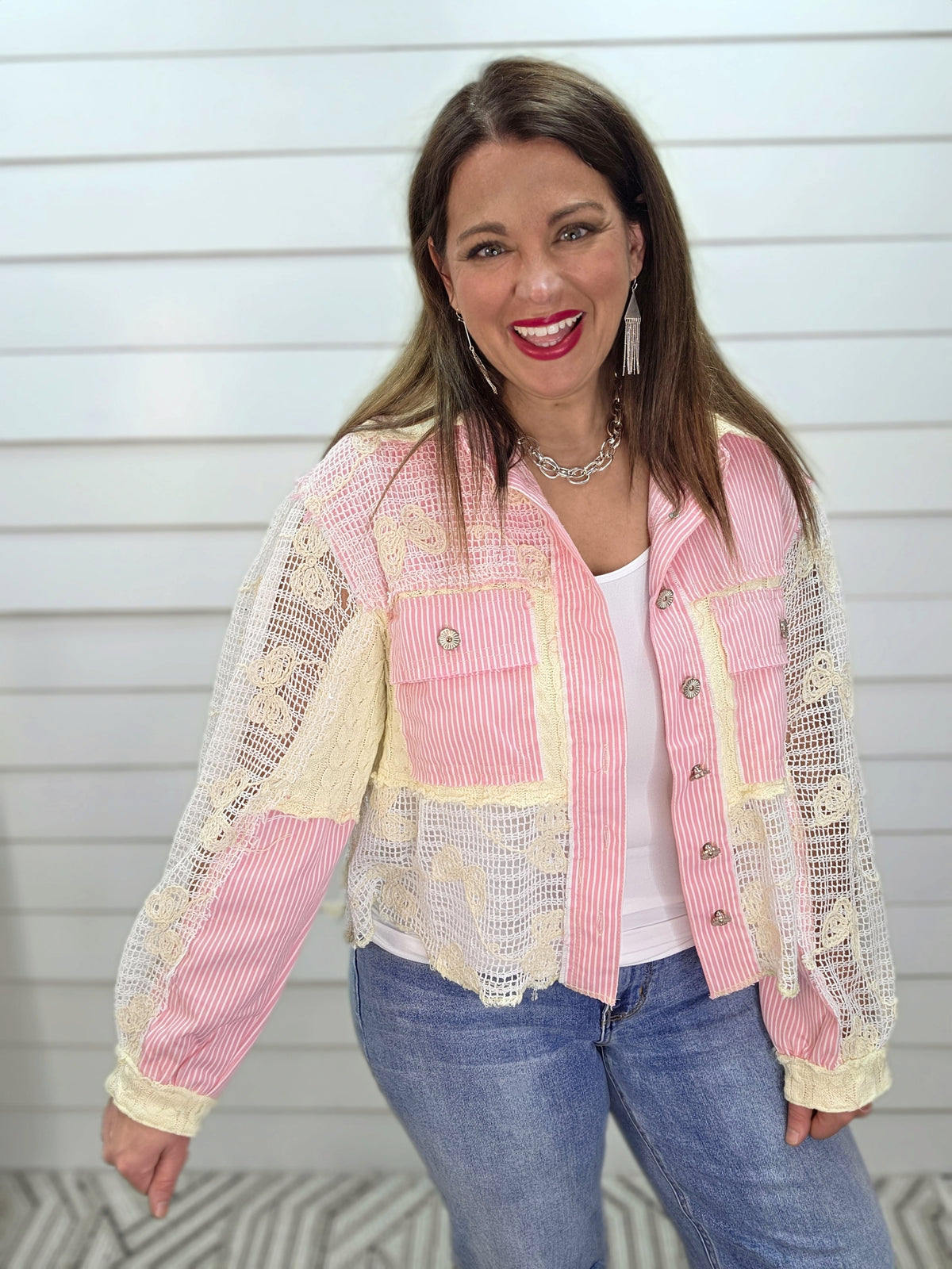 POL PINK PINSTRIPED/LACE BUTTON DOWN JACKET