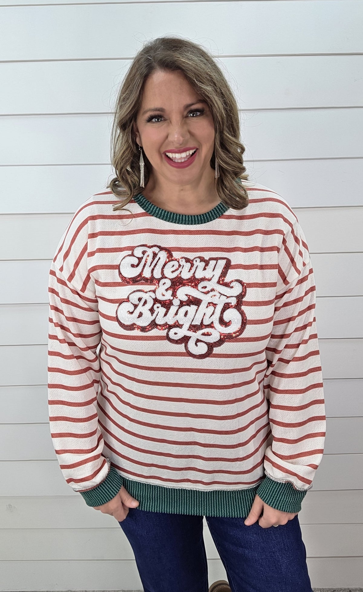 RED/WHITE STRIPED FRENCH TERRY "MERRY AND BRIGHT" TOP