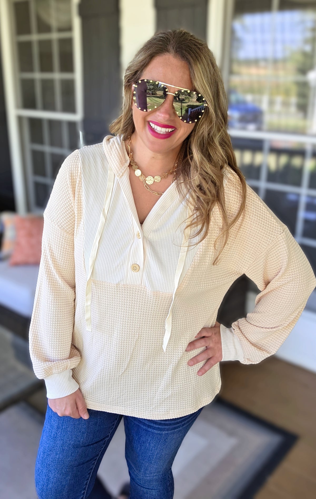 OATMEAL WAFFLE CONTRAST LIGHT WEIGHT HOODIE