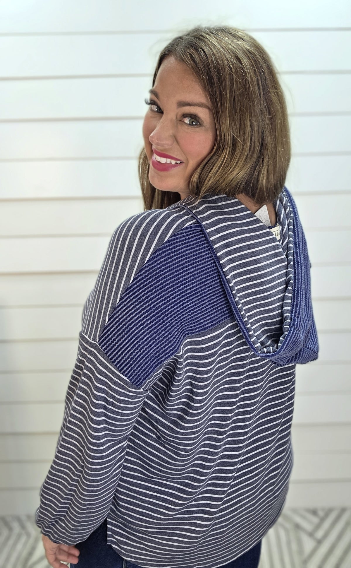 NAVY STRIPED LOOSE FIT BUTTON UP HOODED KNIT TOP