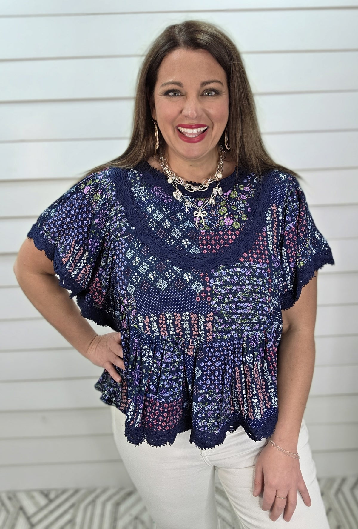 NAVY PATCHWORK FLORAL/LACE TRIM WOVEN TOP