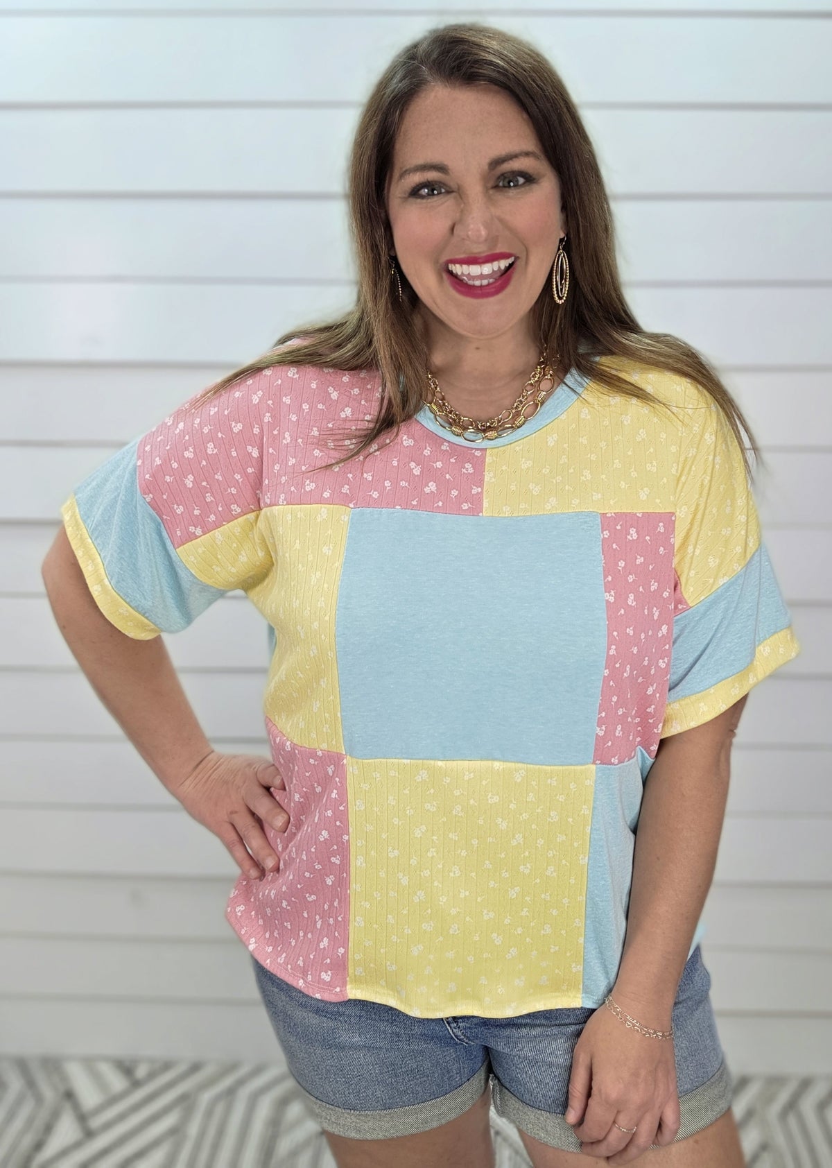 MINT/YELLOW/PINK PATCHWORK KNIT TOP