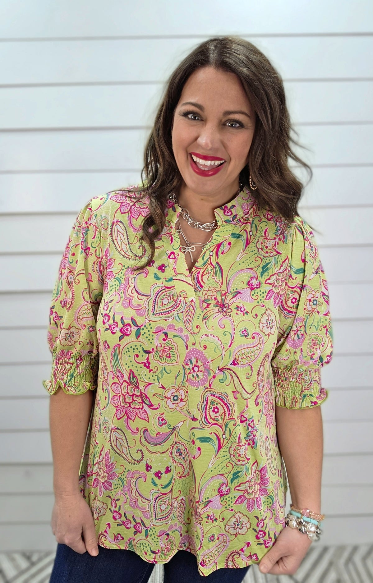 DEAR SCARLETT SMOCKED TOP - GREEN/PINK PRINTED