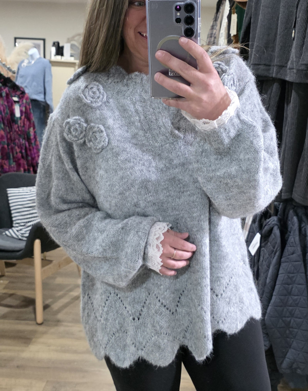 POL HEATHER GREY FLORAL TRIM SWEATER WITH SCALLOPS AND LACE TRIM
