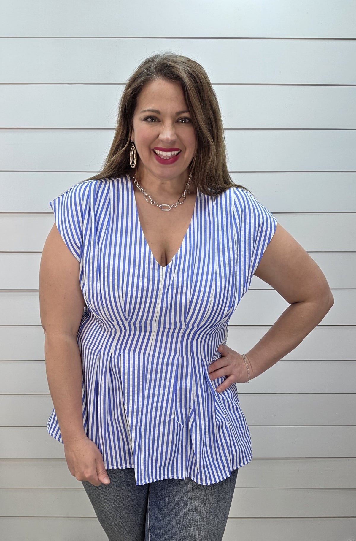 BLUE/WHITE STRIPED V NECK WOVEN TOP W/ ELASTIC WASIT