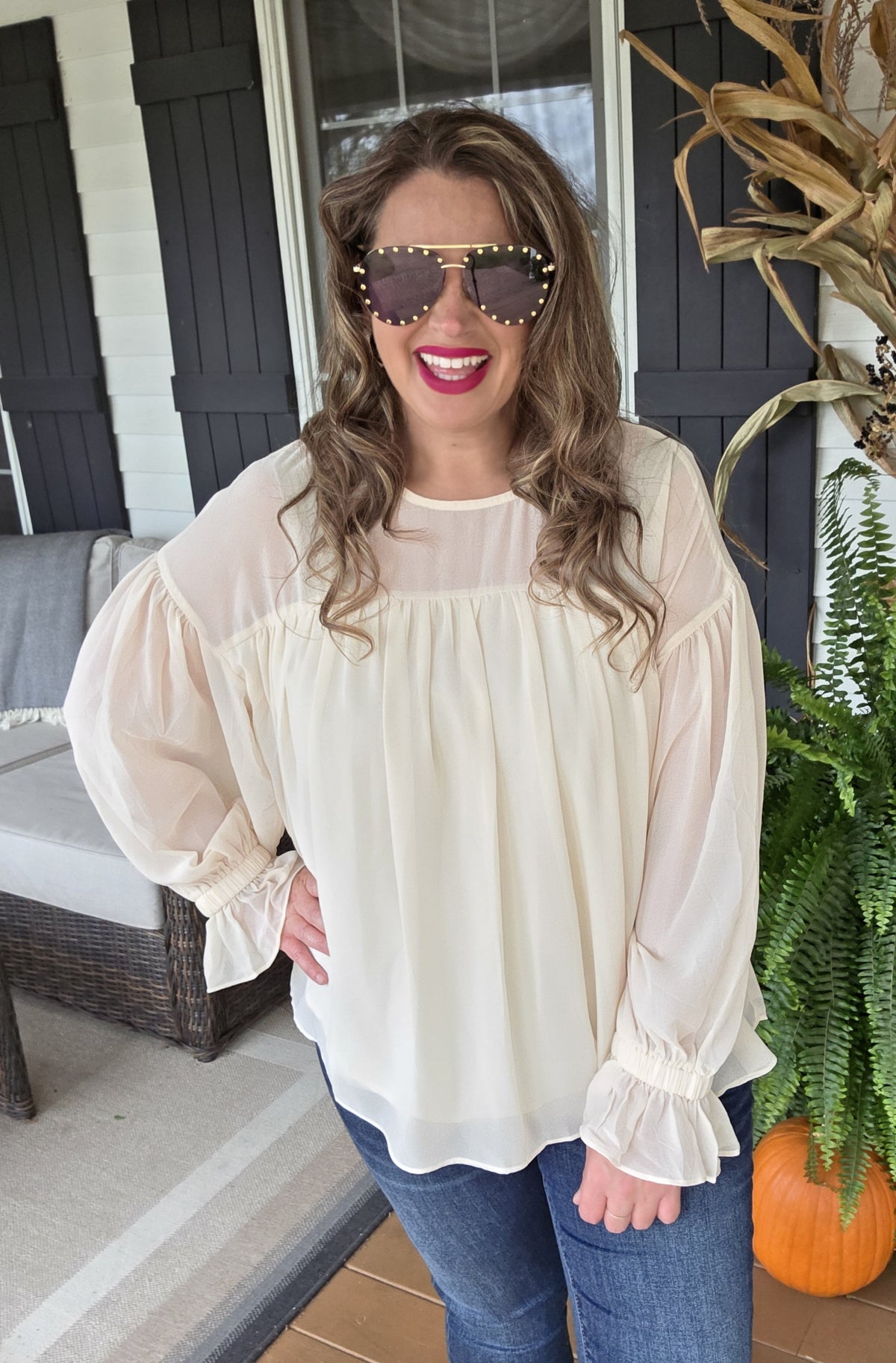 BEIGE FLOWY CHIFFON STYLE BLOUSE