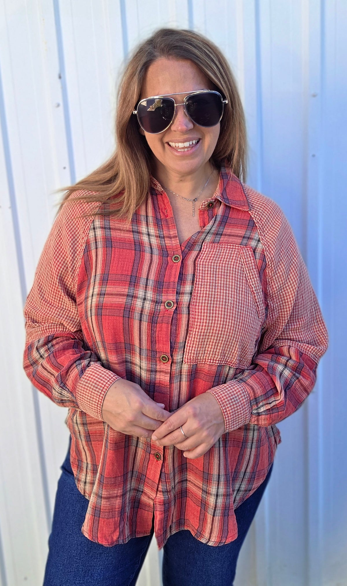 VINTAGE RED MIXED MEDIA OVERSIZED BUTTON DOWN PLAID TOP