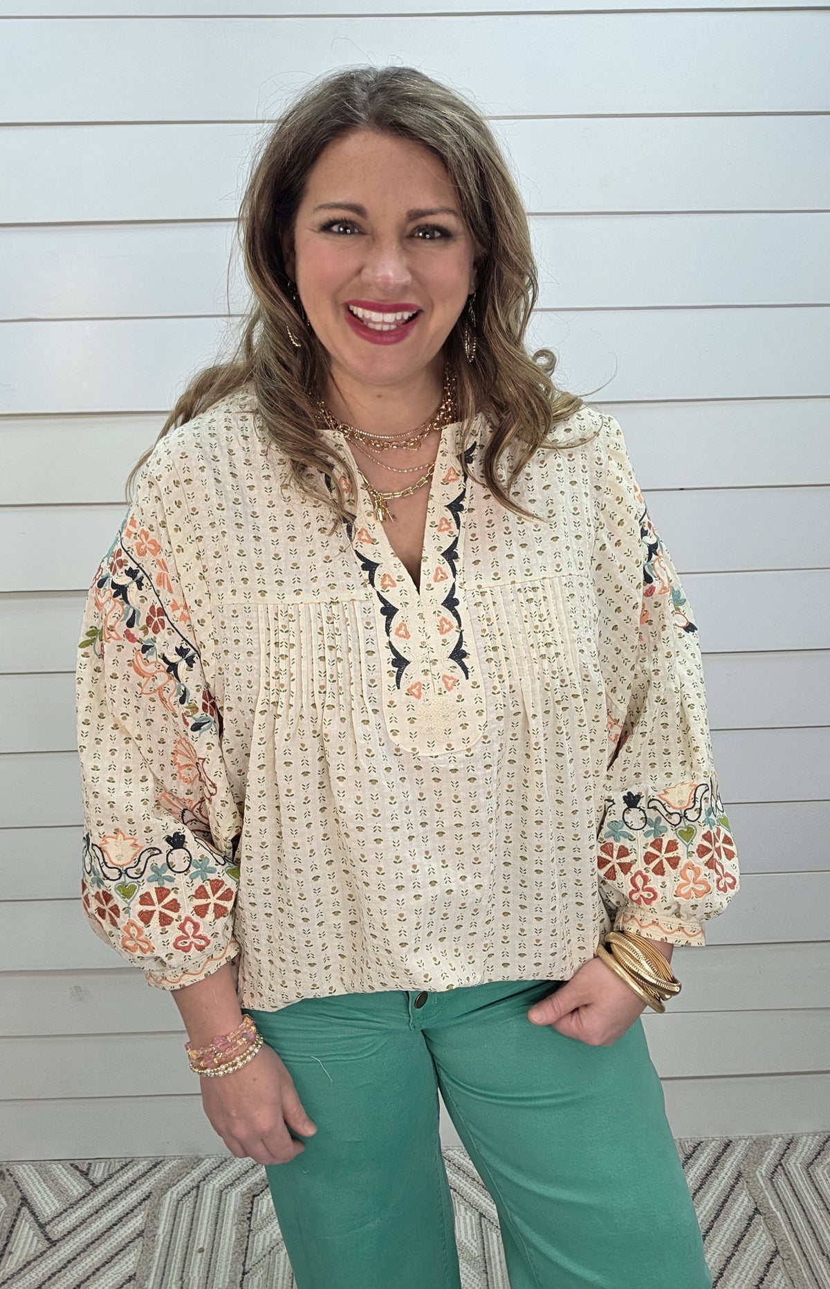 OATMEAL DOLMAN OVERSIZED FLORAL EMBROIDERED V NECK TOP