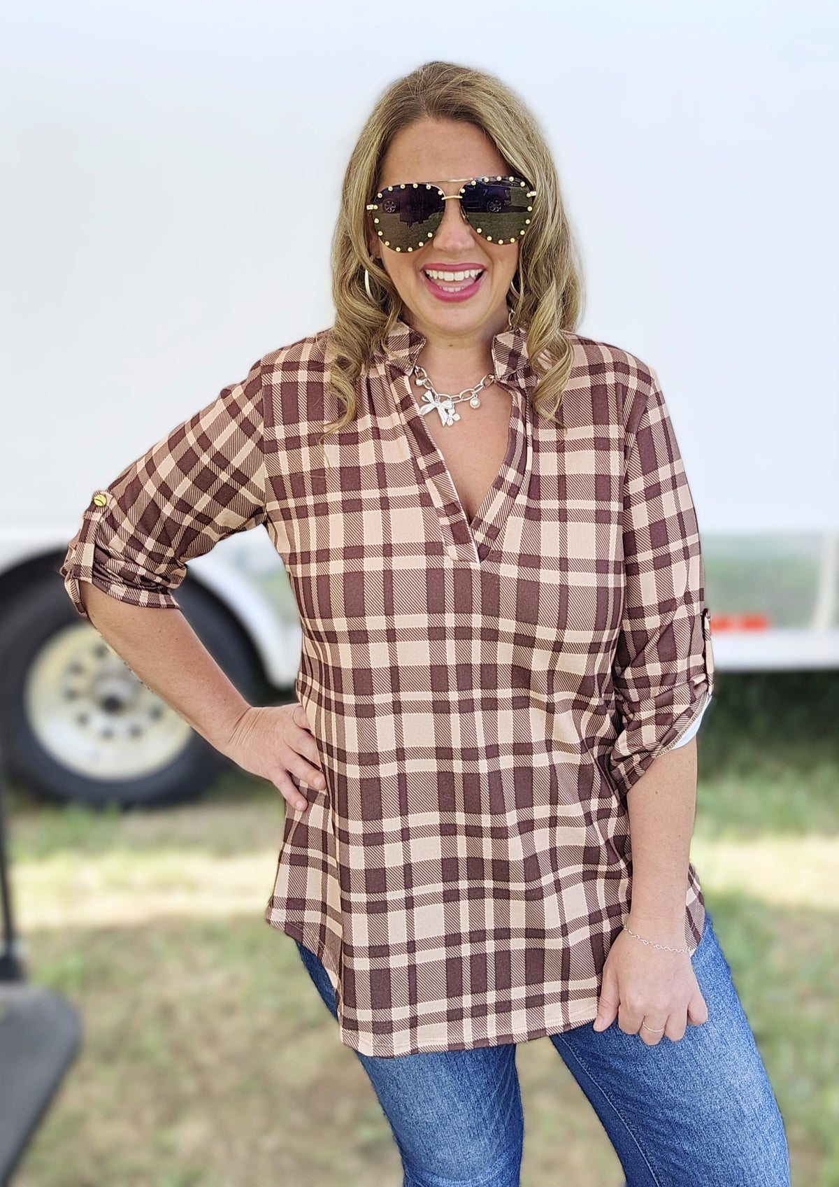 BROWN CHECK PLAID 3/4 SLEEVE KNIT TOP