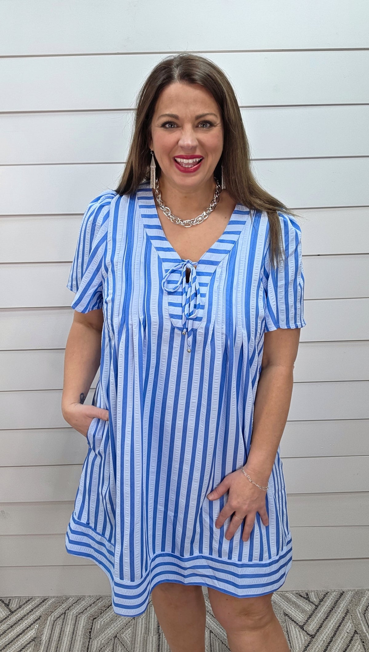 BLUE VERTICAL STRIPED PEASANT TIE DRESS W/ POCKETS