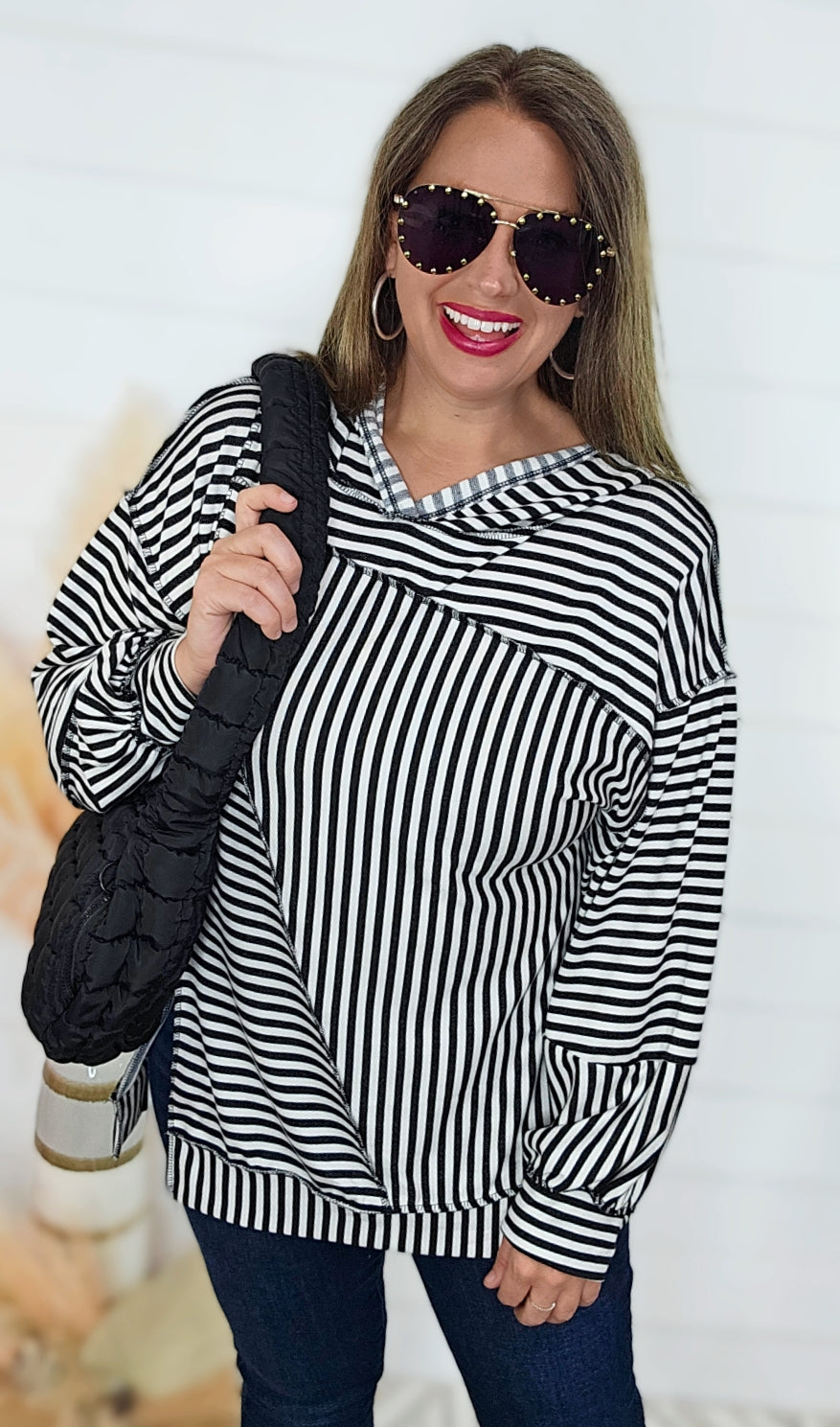 BLACK/WHTIE STRIPED FRENCH TERRY LOOSE FIT HOODIE W/ ONE SIDE SLIT