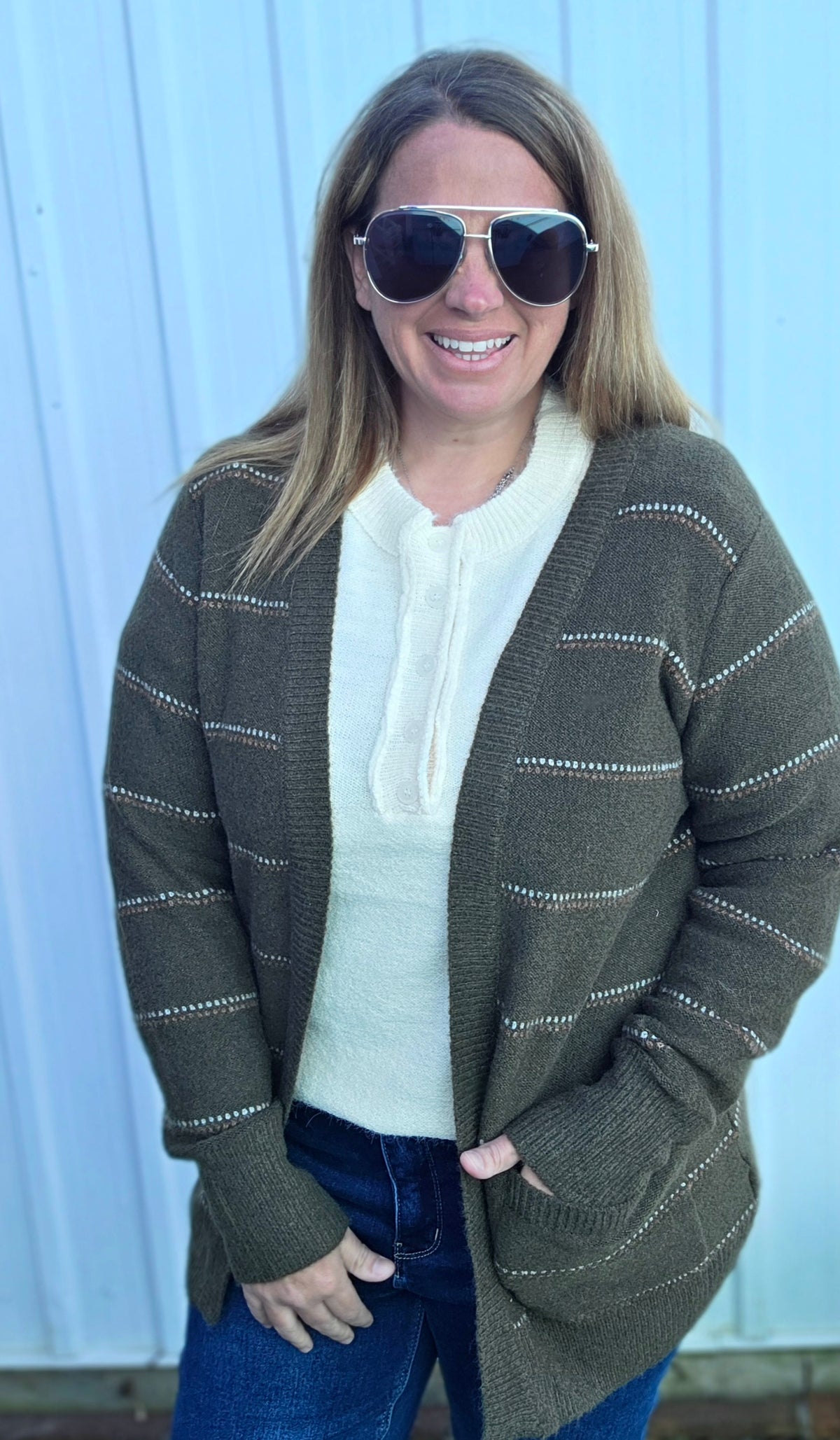 Olive Texture Multi Striped, Open Front Cardigan