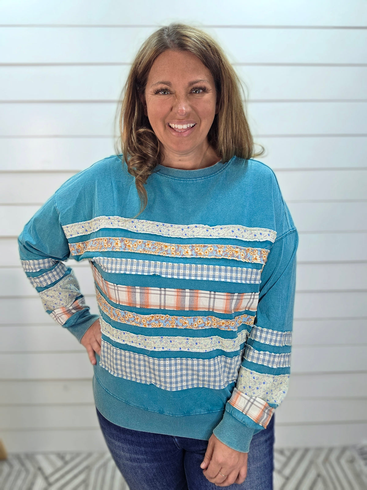 TEAL MINERAL WATCH PATCHWORK COTTON TOP