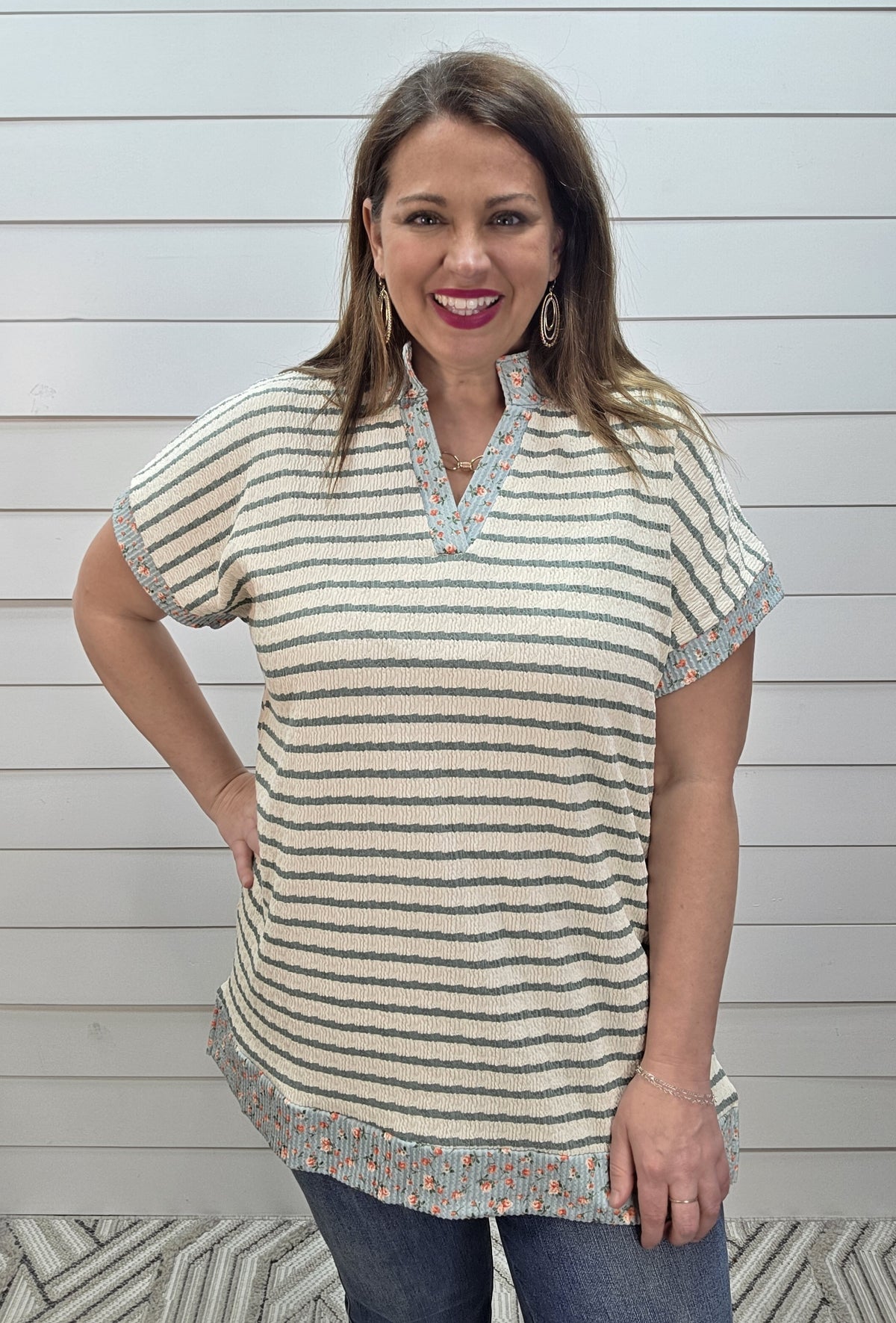 CREAM/SAGE STRIPED TEXTURED TOP W/ FLORAL TRIM