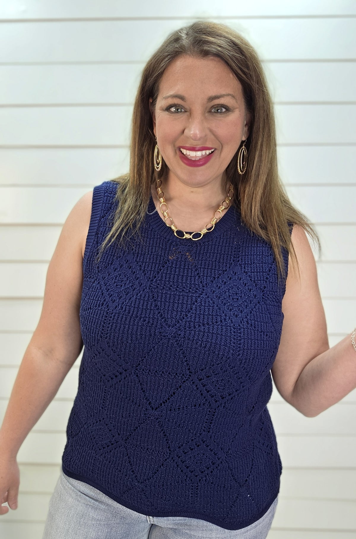 NAVY CROCHET SLEEVELESS SWEATER TANK W/ SCALLOPED EDGE