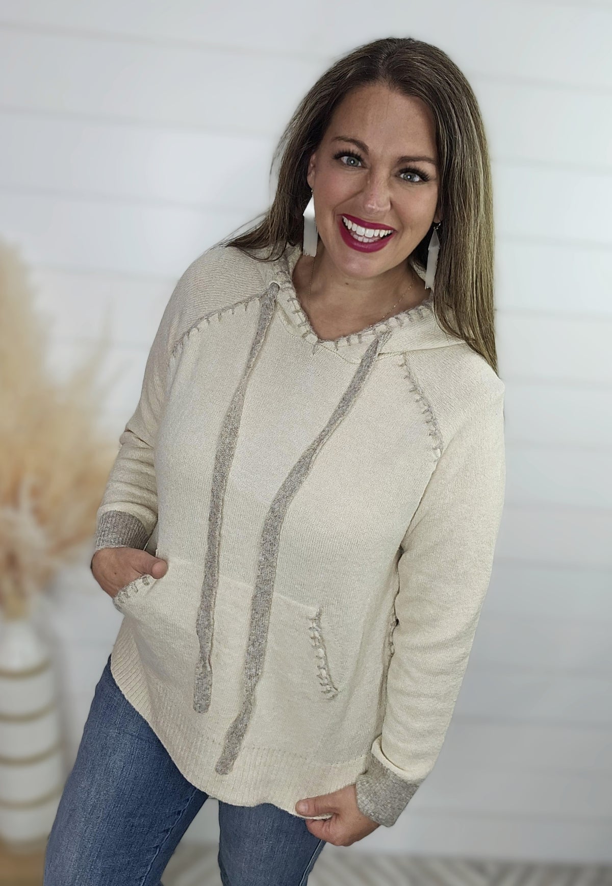 OATMEAL/TAUPE COLORBLOCK BLANKET STITCH LIGHT WEIGHT SWEATER HOODIE