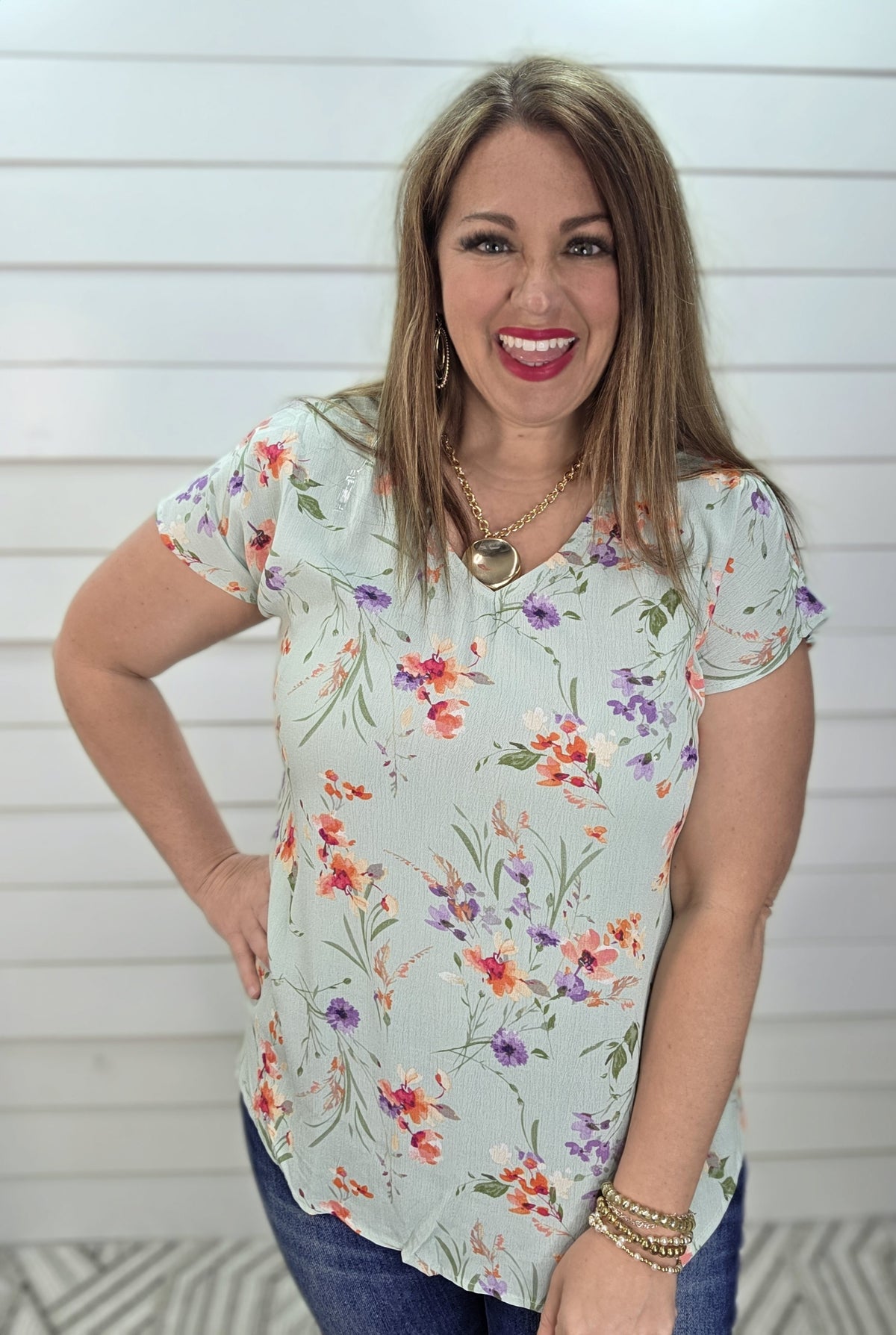 MINT FLORAL V NECK WOVEN TOP