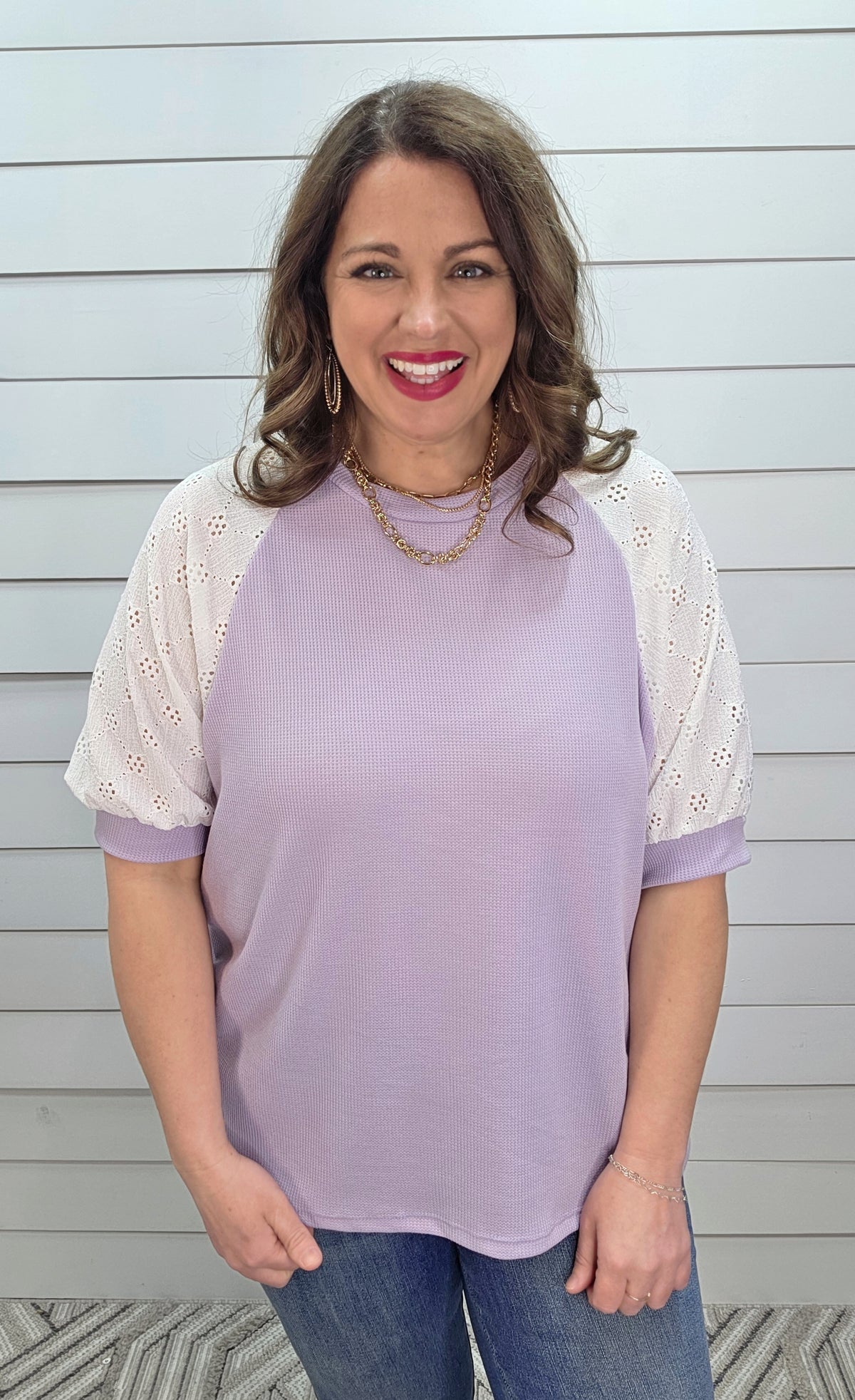 LAVENDER WAFFLE TEXTURE KNIT TOP W/ CROCHET LACE SHORT SLEEVES