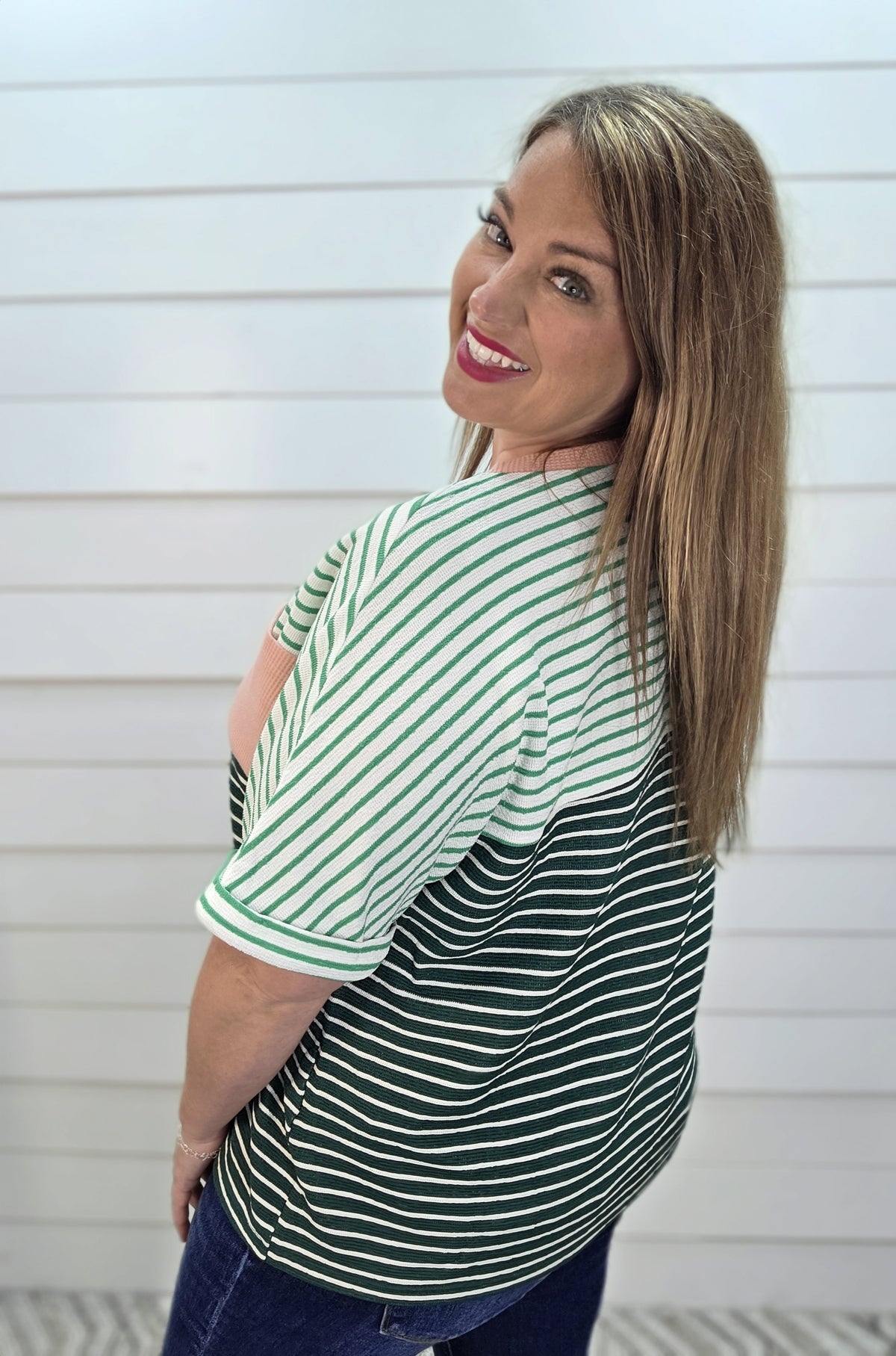 GREEN STRIPED CONTRAST KNIT TOP W/ MAUVE ACCENTS