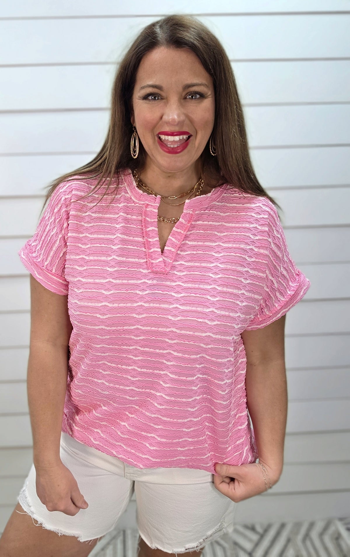 PINK/WHITE STRIPED TEXTURED V NECK KNIT TOP