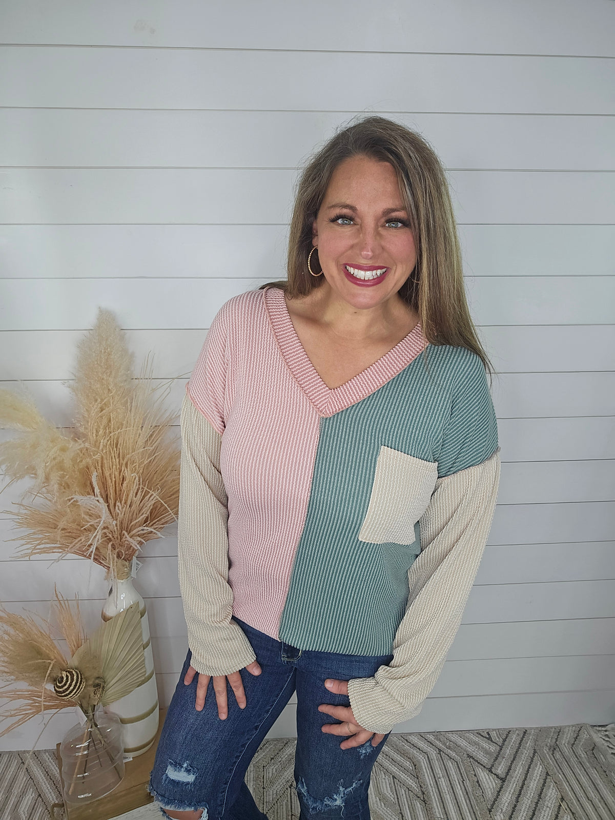 MAUVE/JADE RAISED RIBBED COLORBLOCK TOP