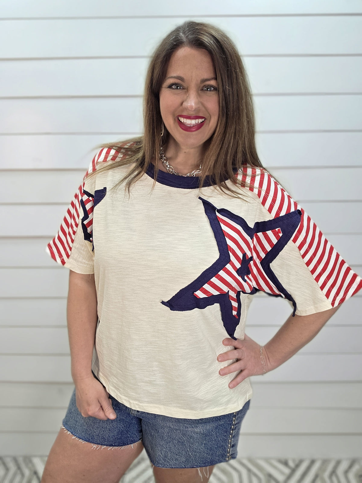 OATMEAL/RED/NAVY STAR/STRIPED KNIT TOP