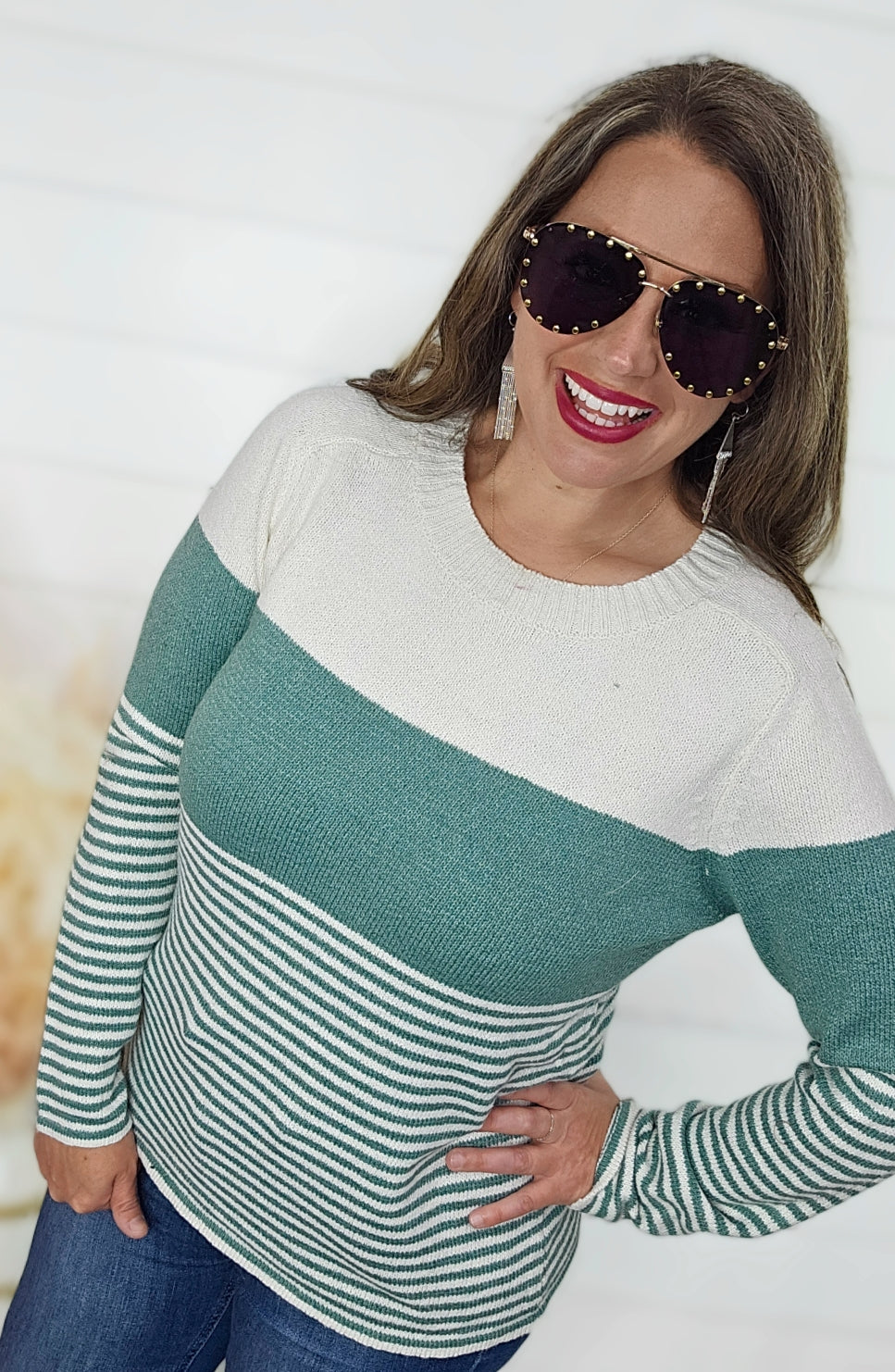 LT JADE COLORBLOCK STRIPE CREW NECK LIGHT WEIGHT SWEATER