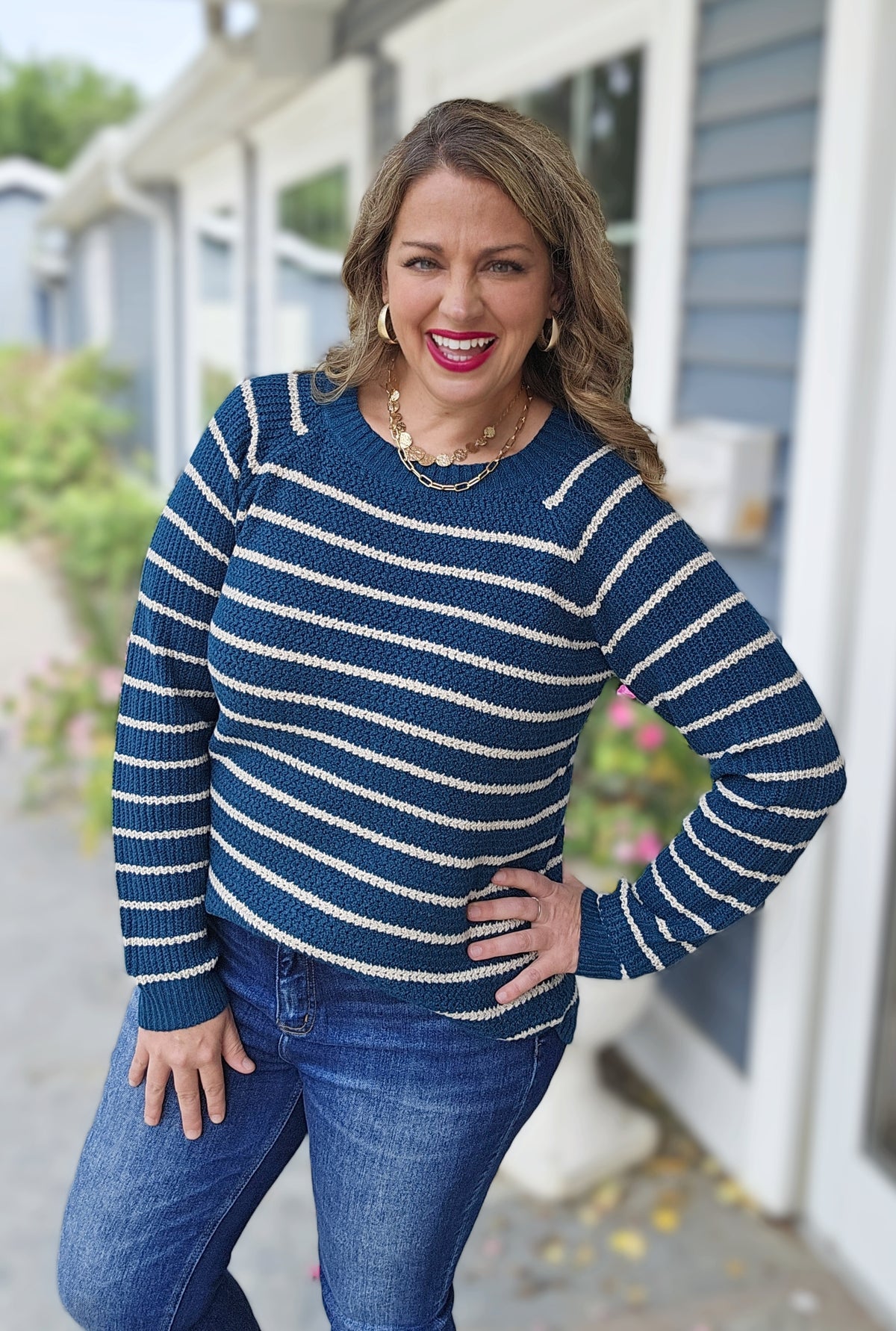 TEAL STRIPED CURVED HEM SWEATER