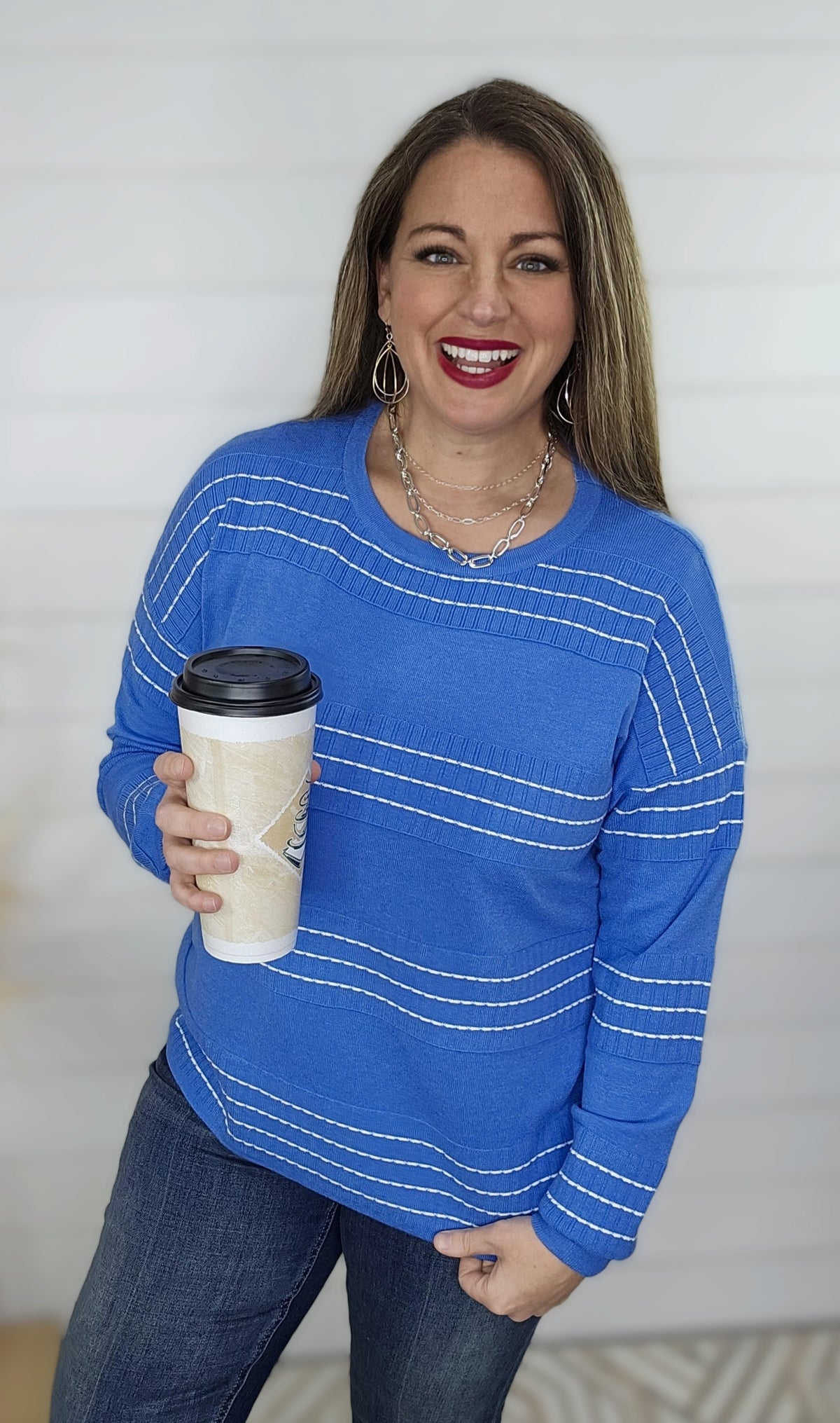 BLUE STITCH STRIPED CREW NECK SWEATER