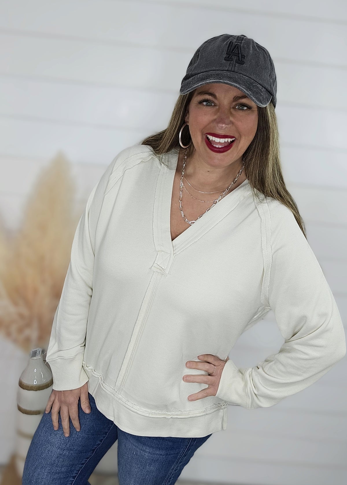 CREAM HOODED V NECK RAW EDGE LONG SLEEVE KNIT TOP