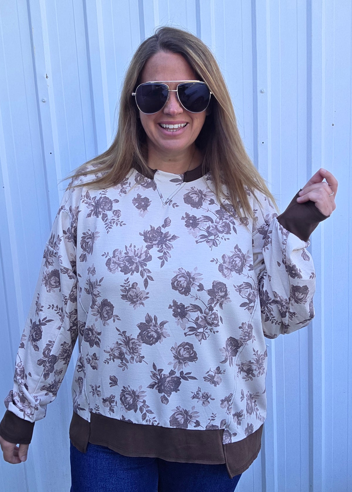 TAUPE/BROWN Drop Shoulder Long Sleeve Oversized Loose Fit Floral Print Knit Top With Ribbed Trim