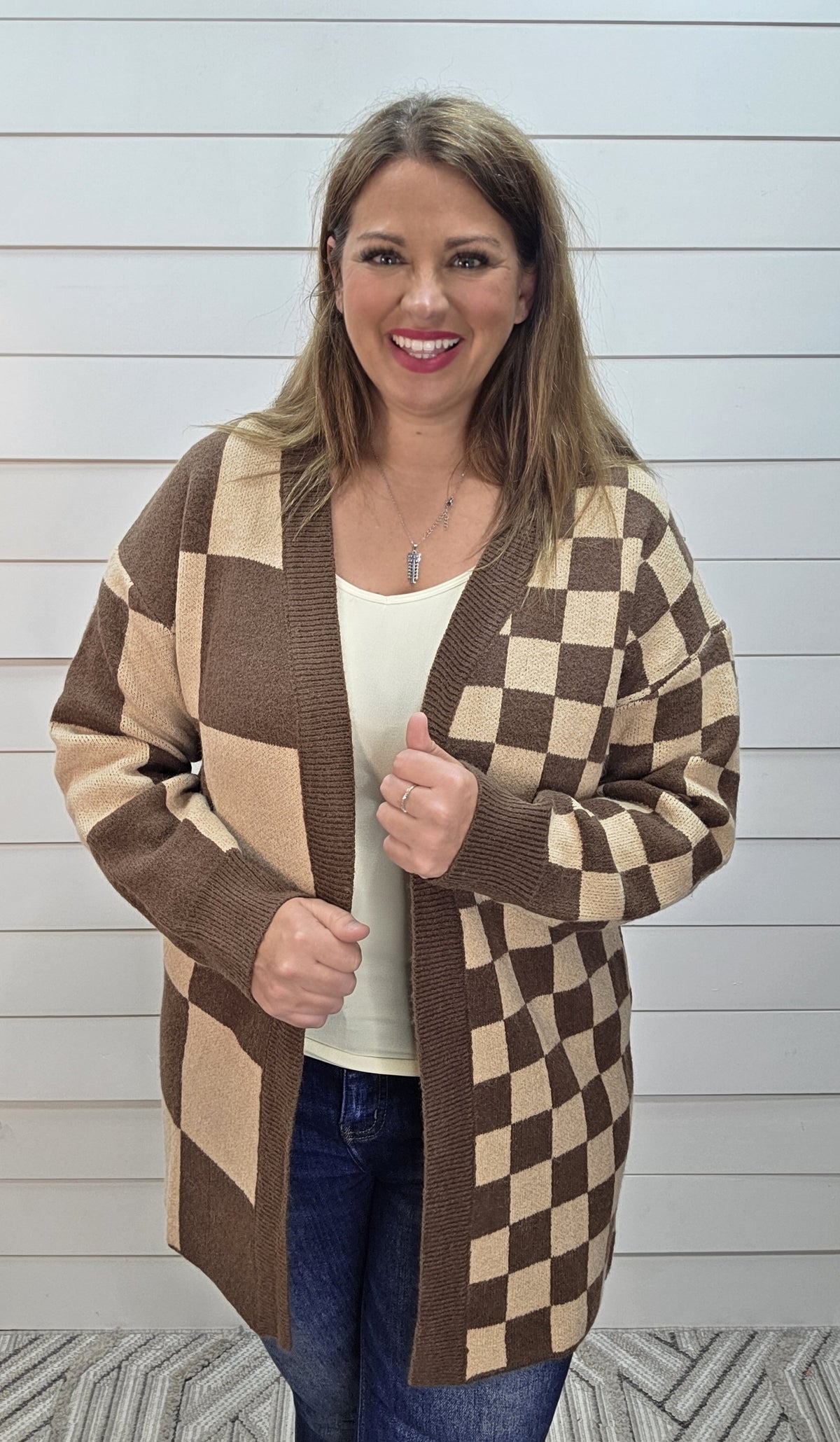 MOCHA/TAUPE CONTRAST CHECKERED CARDIGAN