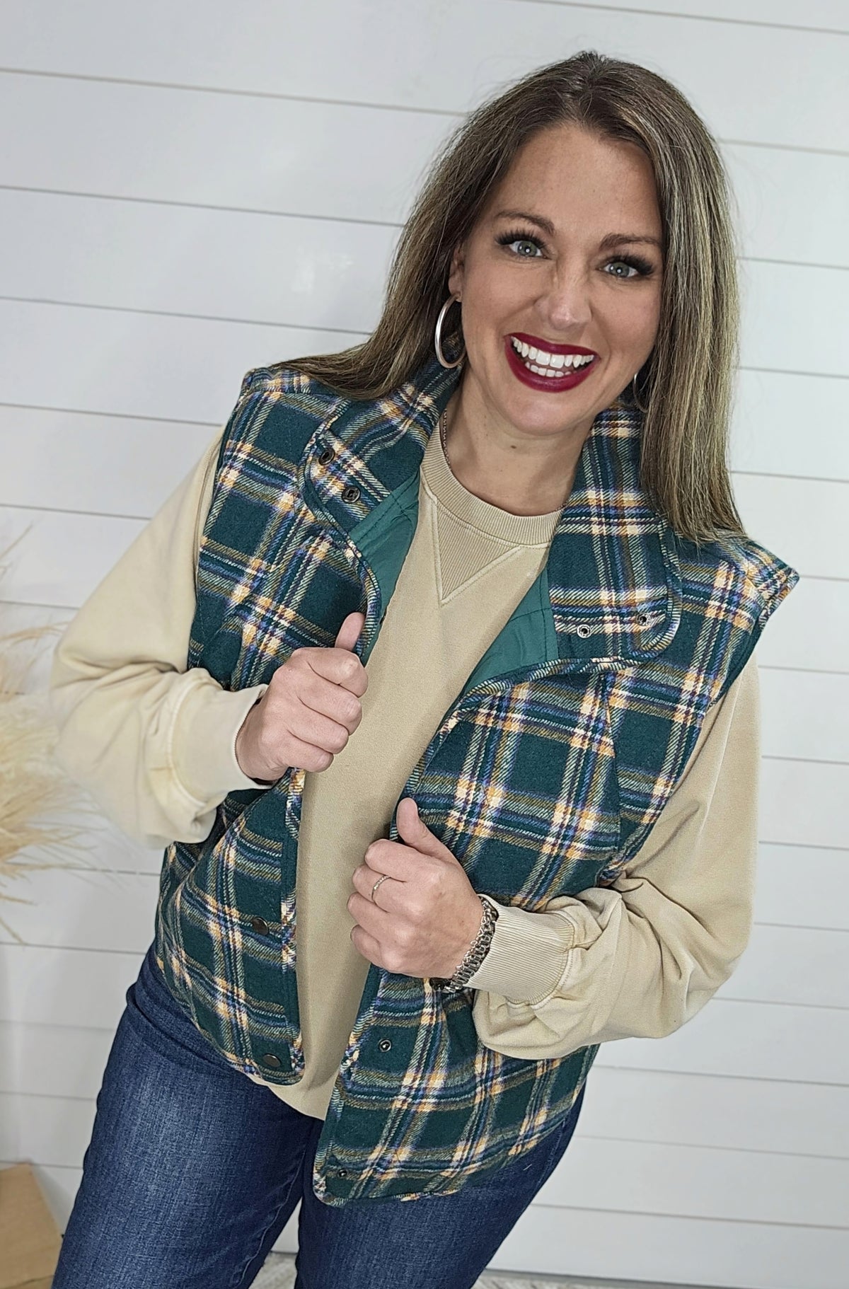 GREEN PLAID SNAP BUTTON VEST