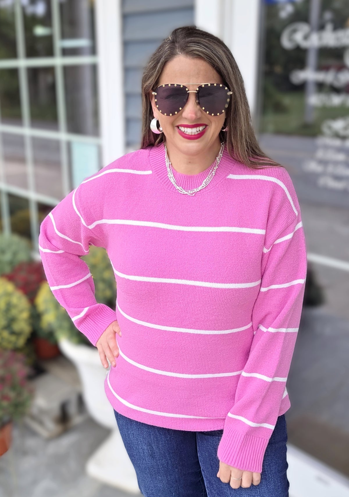 PINK/IVORY STRIPED OVERSIZED SWEATER