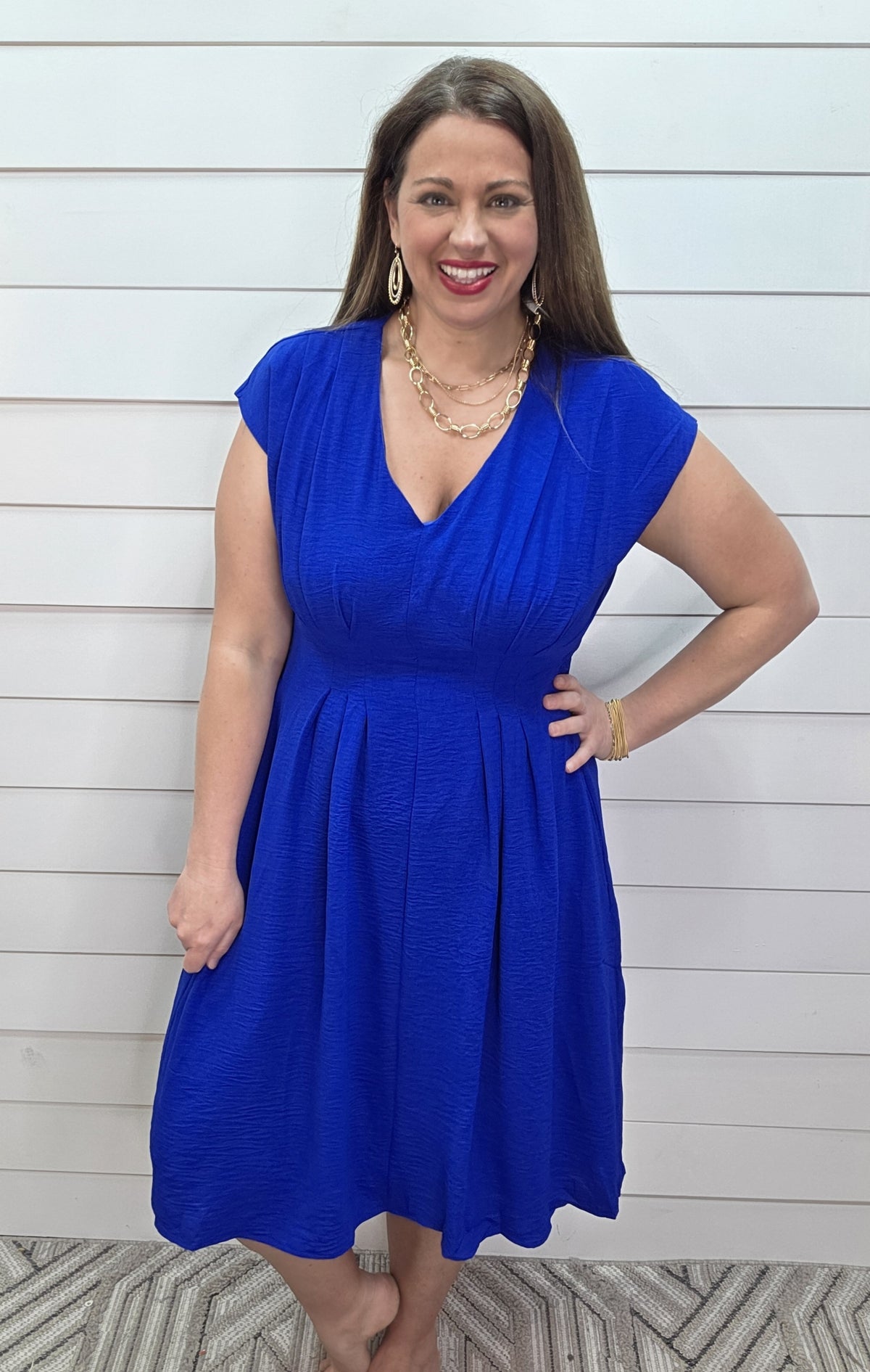 ROYAL BLUE V NECK PLEATED SMOCKED WAISTED CAP SLEEVE DRESS