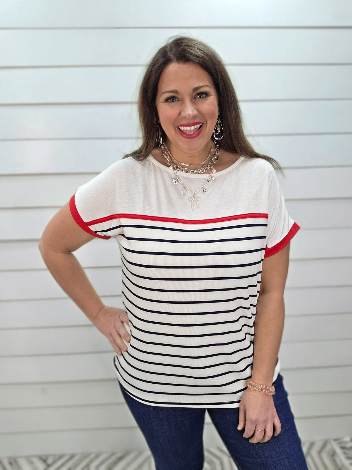 IVORY/NAVY STRIPED COLORBLOCK TOP W/ RED TRIM