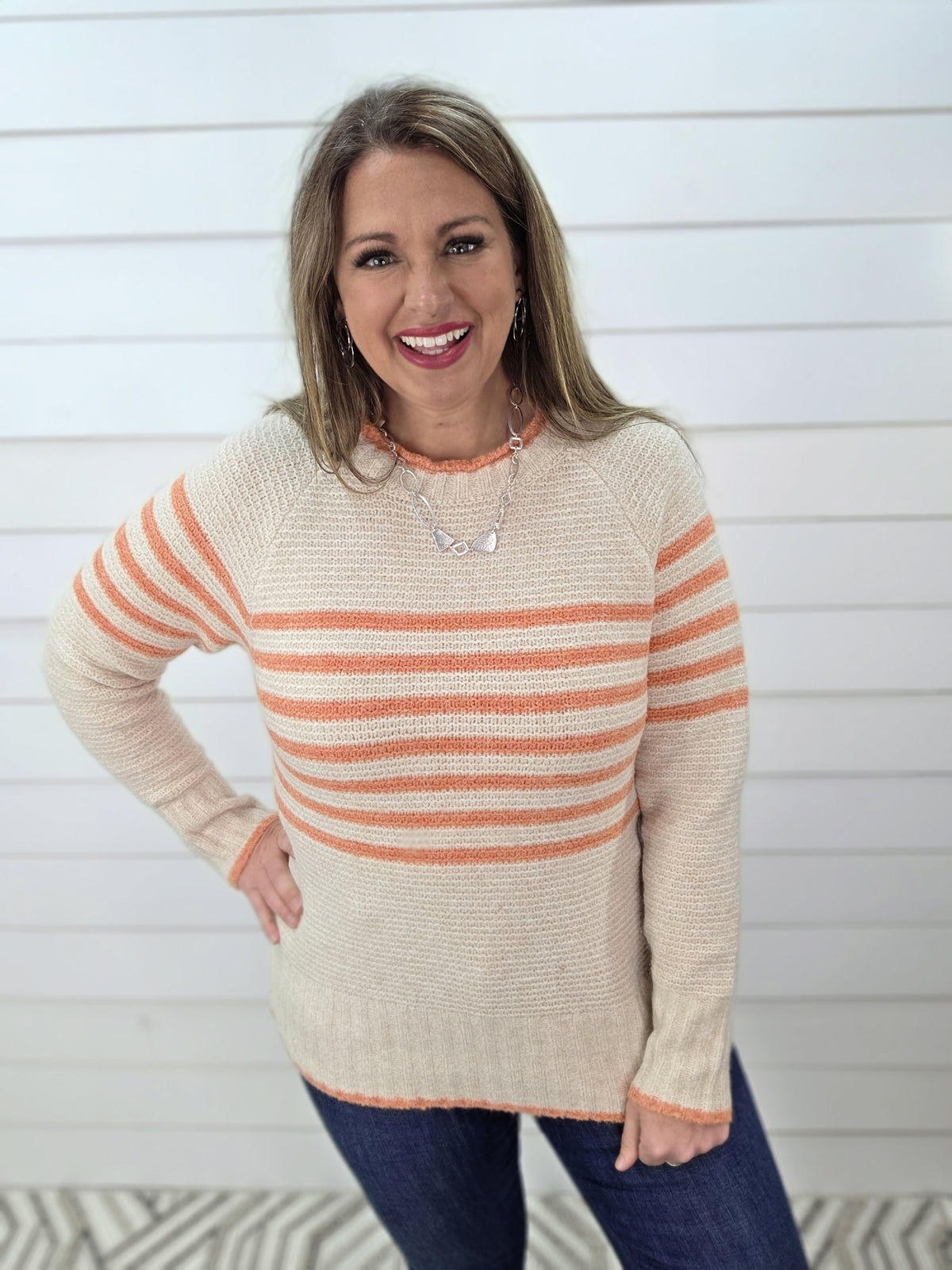 ORANGE TEXTURED STRIPED CONTRAST KNIT SWEATER