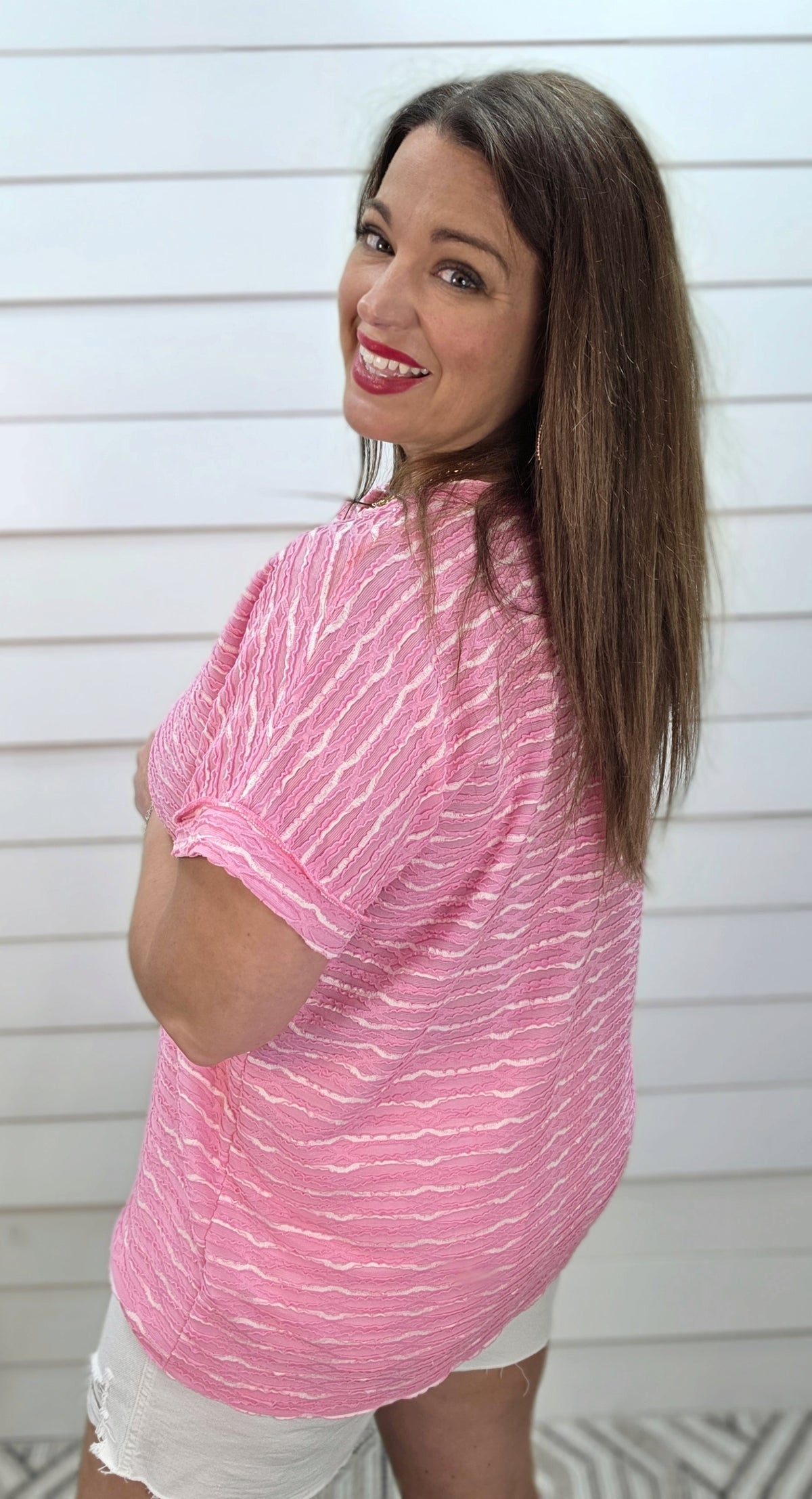 PINK/WHITE STRIPED TEXTURED V NECK KNIT TOP