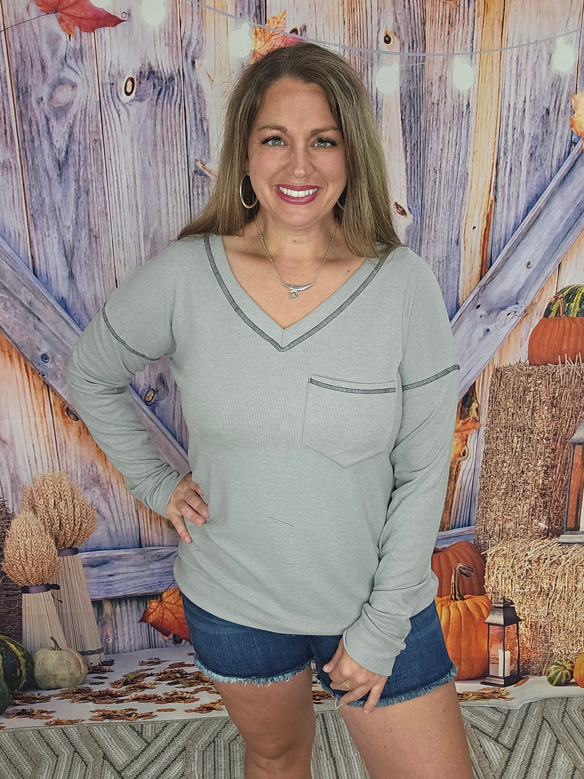 GREY BRUSHED RIBBED V NECK POCKET TOP